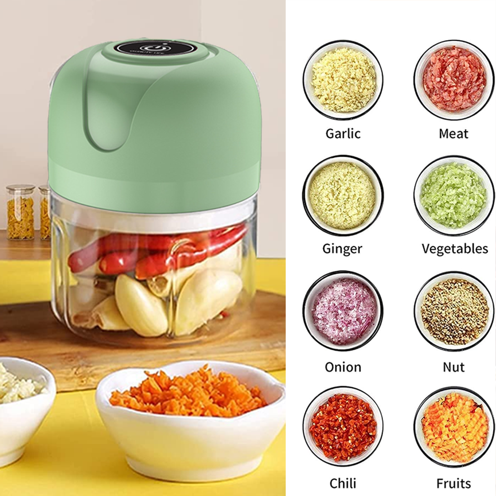 Ein grüner Foodprozessor mit Zutaten im Inneren und Schalen mit gehackten Lebensmitteln. Etiketten identifizieren: Knoblauch, Fleisch, Ingwer, Gemüse, Zwiebel, Nuss, Chili, Früchte.