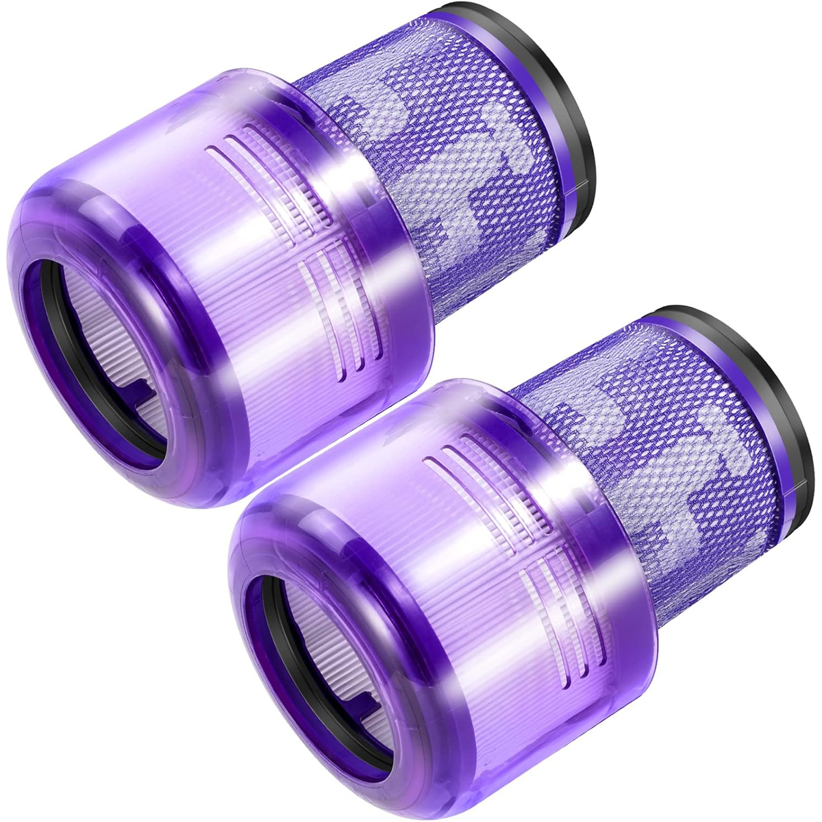 Zwei violette Staubsaugerfilter. Jeder Filter hat einen transparenten, zylindrischen Körper und einen Netzfilter, beide in Violetttönen.