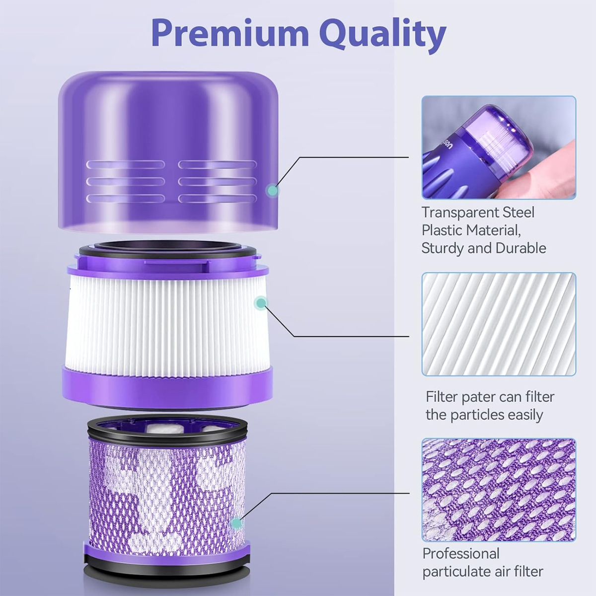 Explosionsansicht eines violetten Staubsaugerfilters. Komponenten sind obere Kappe, Filter und unterer Abschnitt, mit Detailbildern.