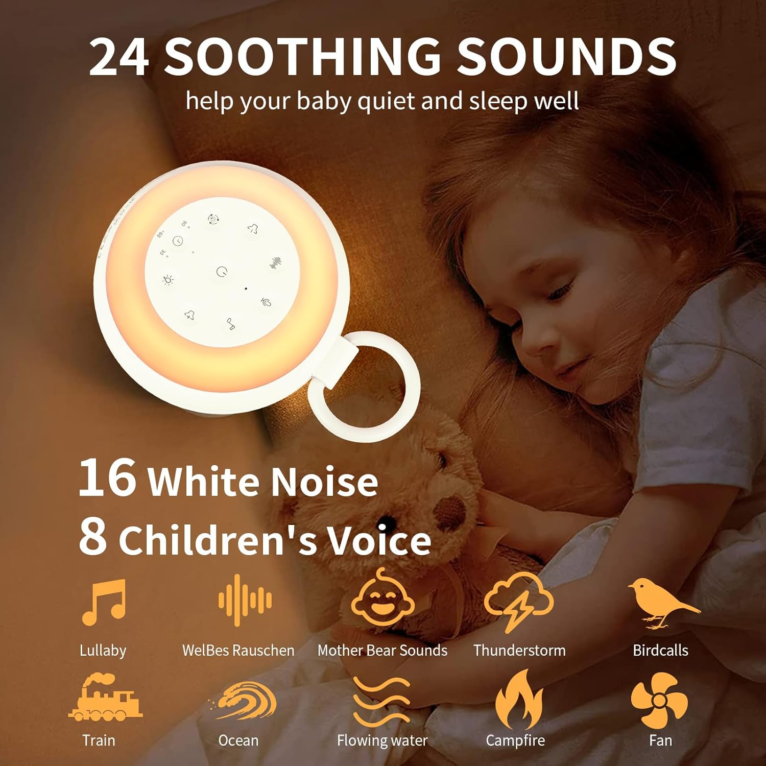 Ein Kind schläft neben einem White-Noise-Gerät. Die Maschine hat einen Lichtring mit Symbolen. Darunter befinden sich Tonsymbole.