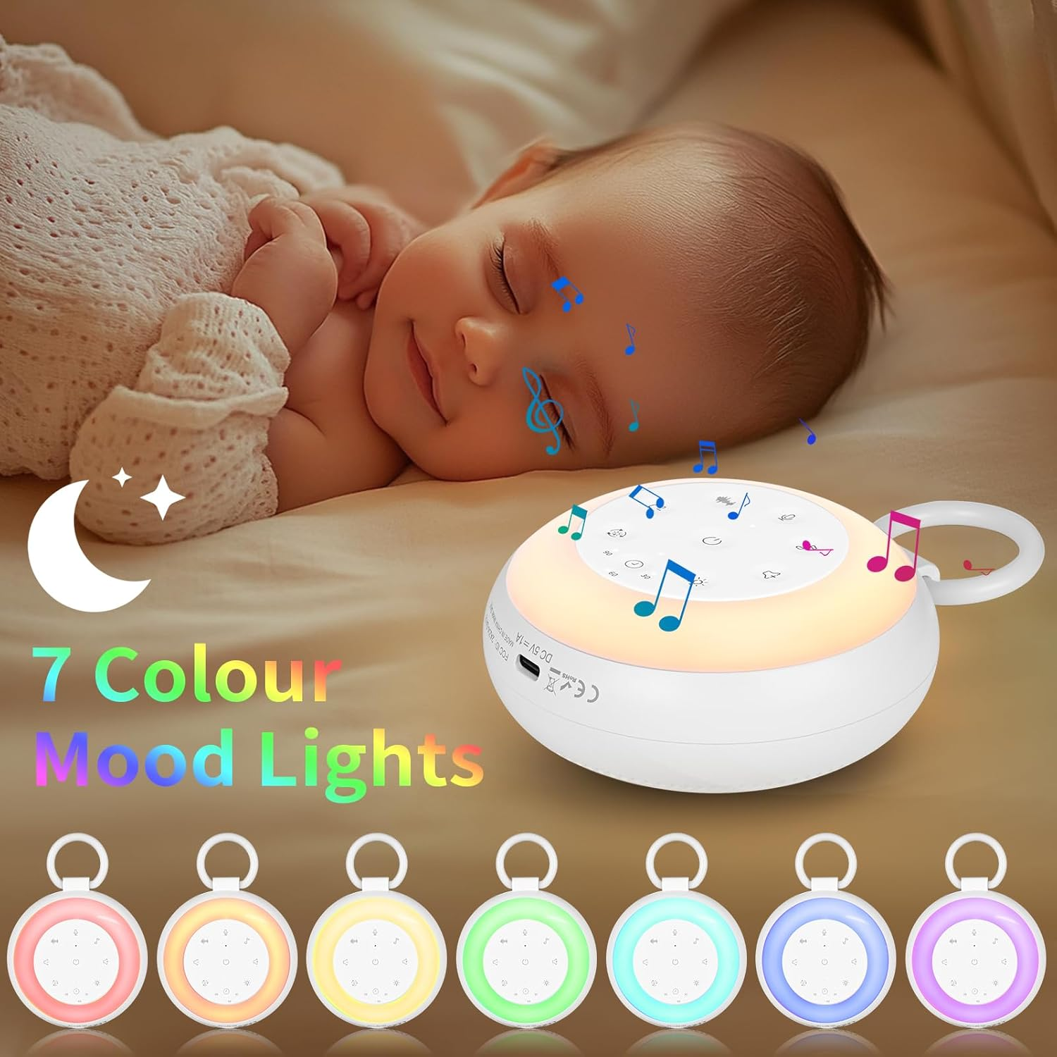 Ein Baby schläft neben einem Soundgerät mit 7 Stimmungslichtoptionen. Bunte Noten schweben darüber. Das Gerät hat einen Griff.