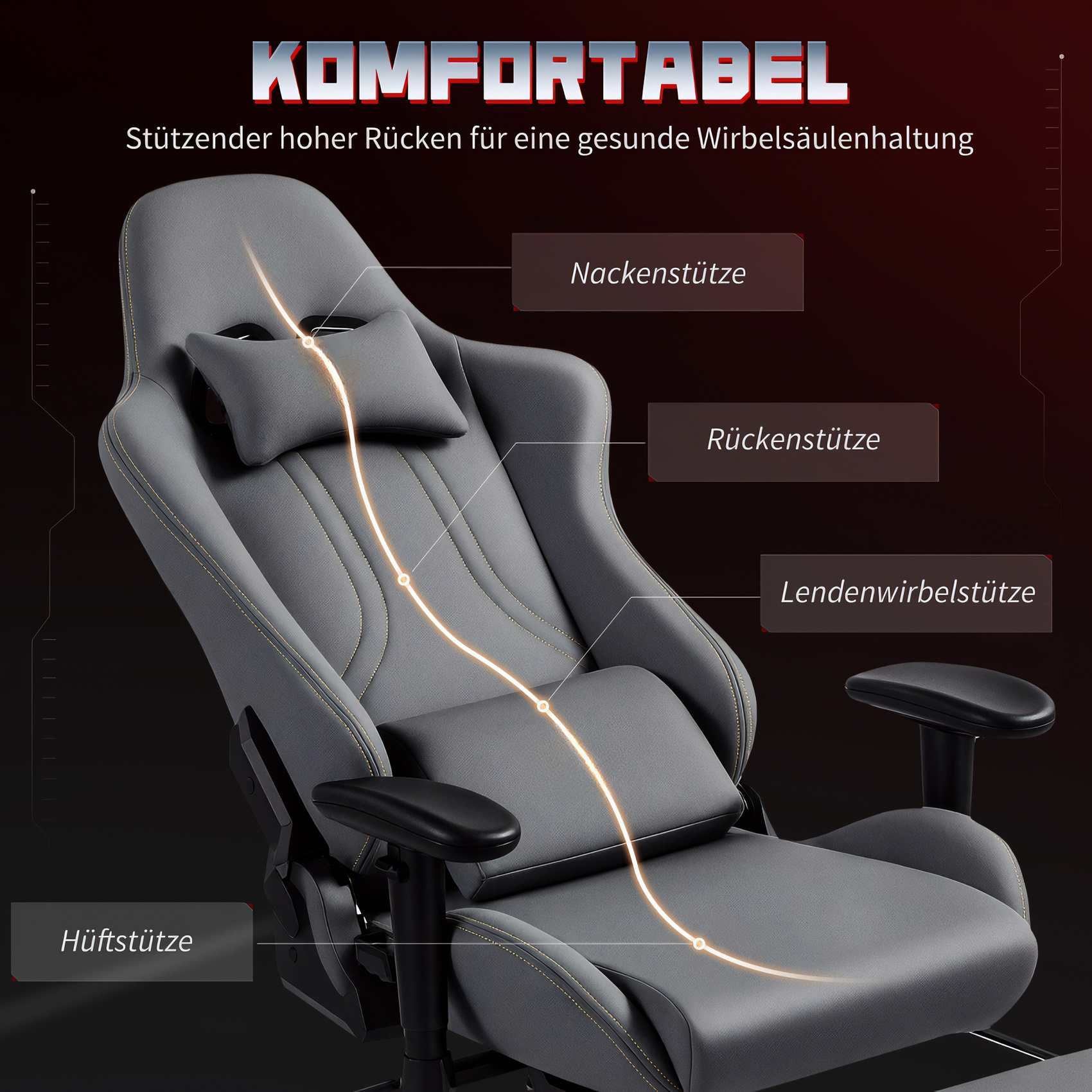 Grauer ergonomischer Gaming-Stuhl mit gelben Nähten. Enthält Kopf-, Rücken-, Lenden- und Hüftstütze, auf Deutsch beschriftet.