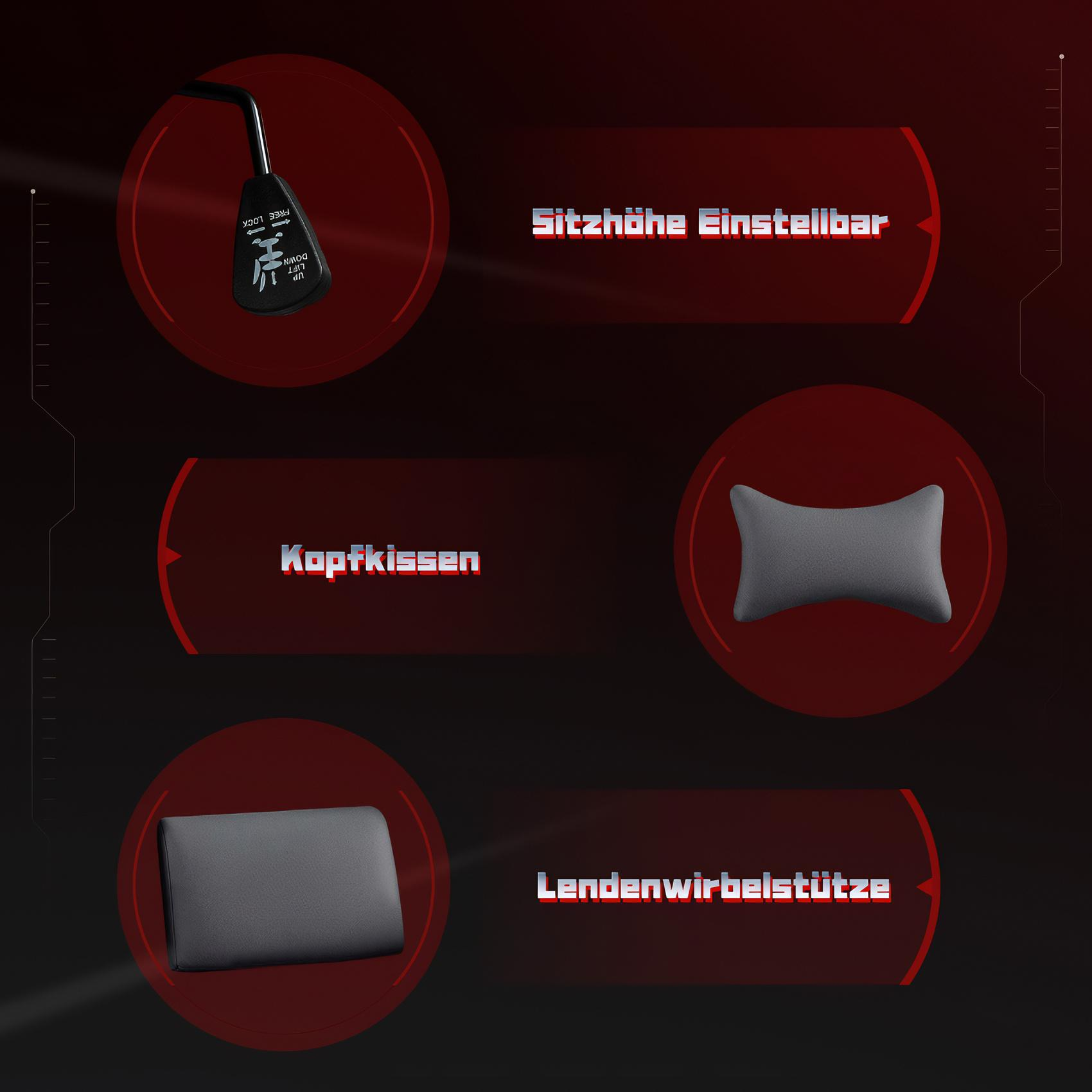Das Bild zeigt einen schwarzen Hebel, Text zur Sitzhöhenverstellung, Kopfstütze und Lendenwirbelstütze auf rotem Hintergrund.