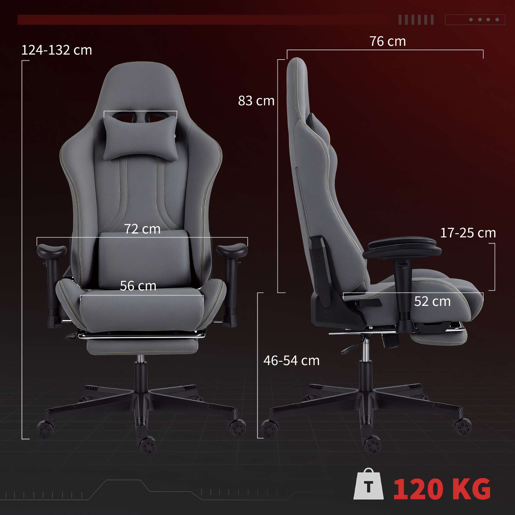 Grauer Gaming-Stuhl mit Maßangaben. Er hat eine Kopfstütze, Armlehnen und ein Fünf-Sterne-Gestell.