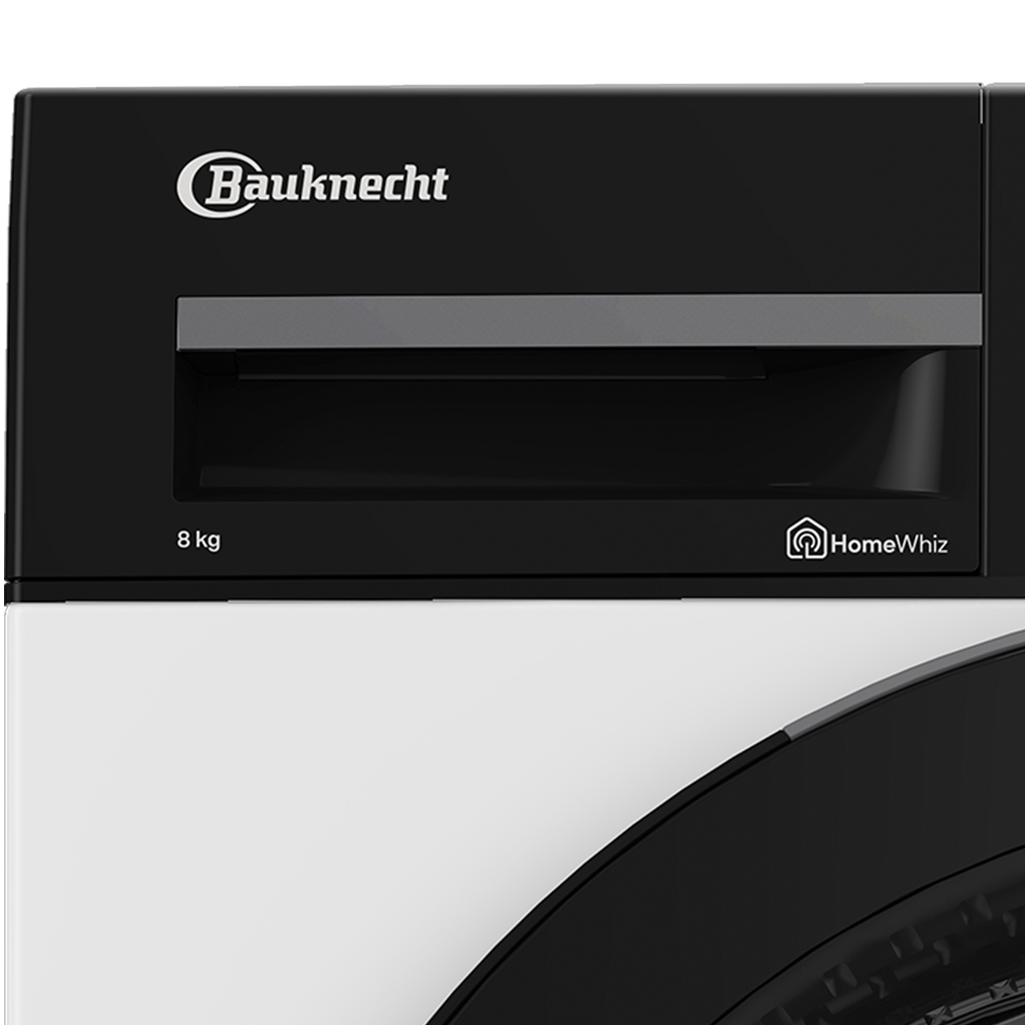 Eine schwarze Bauknecht Waschmaschine. Die Frontplatte hat eine Schublade und das HomeWhiz-Logo. Die Kapazität beträgt 8 kg.