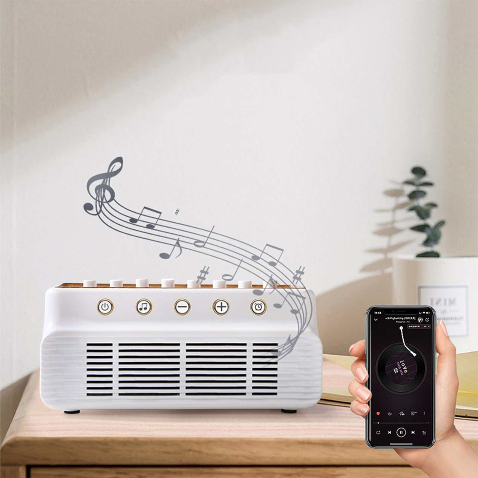 Ein weißer Lautsprecher mit Noten darüber, gesteuert von einem Telefon mit Vinyl-Oberfläche.