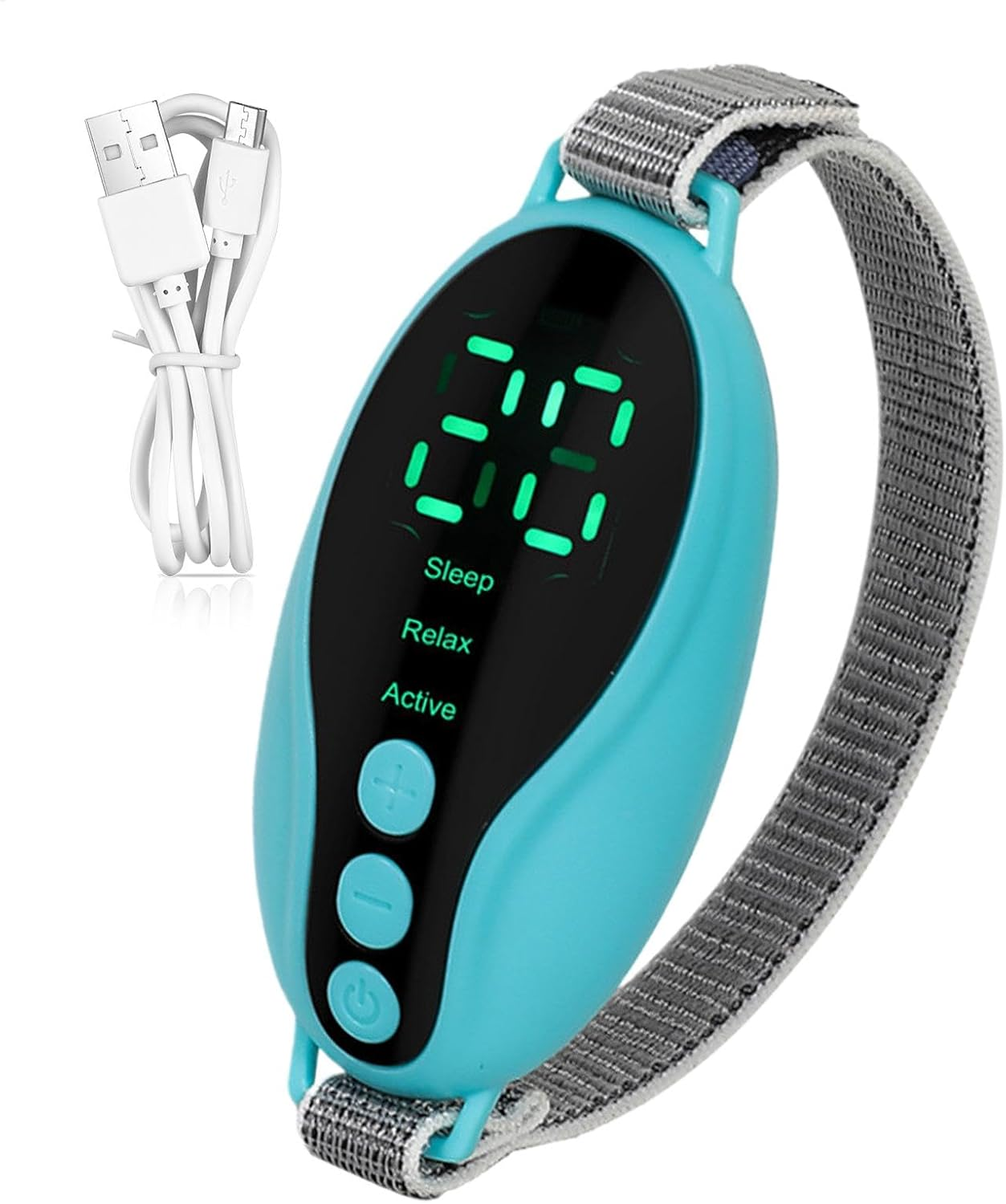 Ein türkisfarbenes Schlafhilfegerät mit digitaler Anzeige '26', grauem Armband und weißem USB-Kabel.