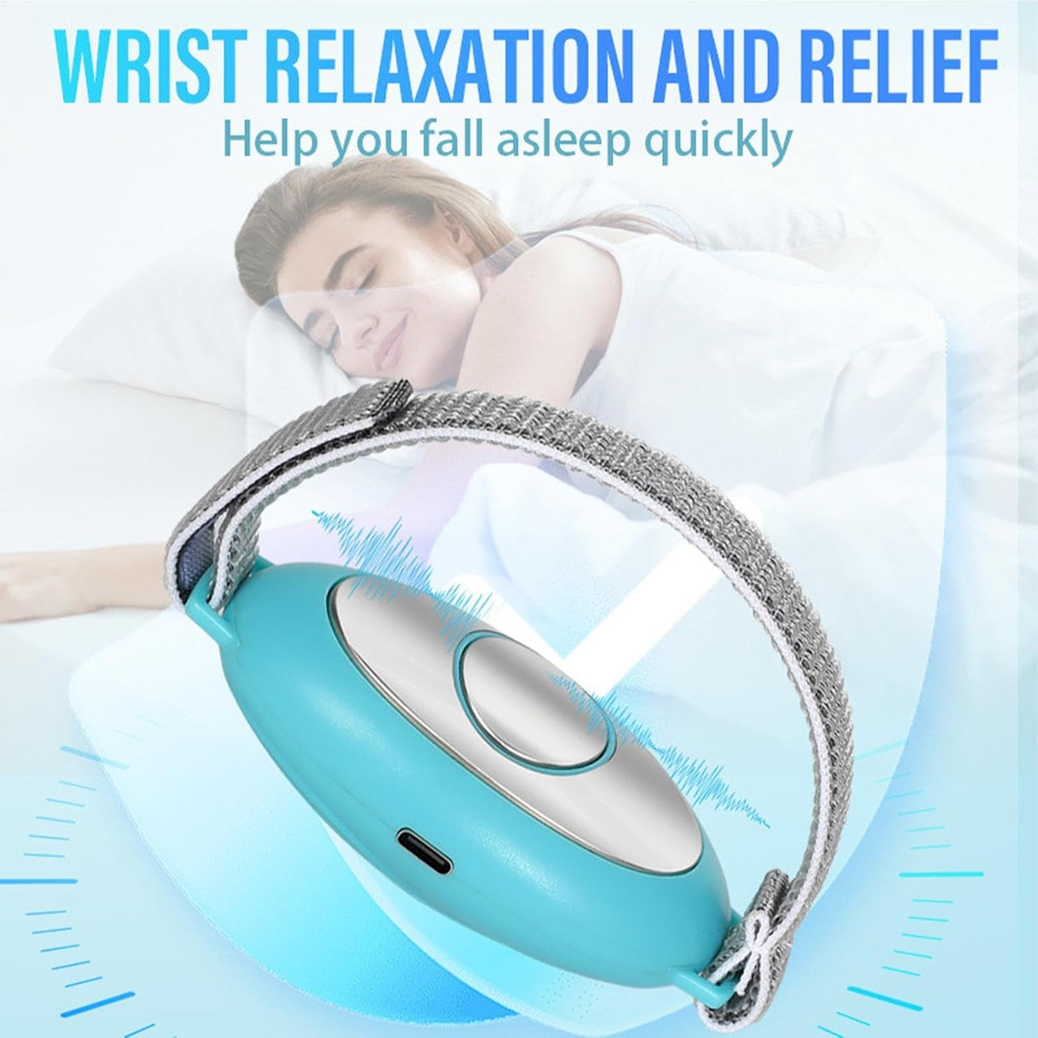 Das Bild zeigt ein Armbandgerät mit einer schlafenden Frau im Hintergrund. Der Text lautet 'WRIST RELAXATION AND RELIEF' und 'Hilft Ihnen, schnell einzuschlafen'.