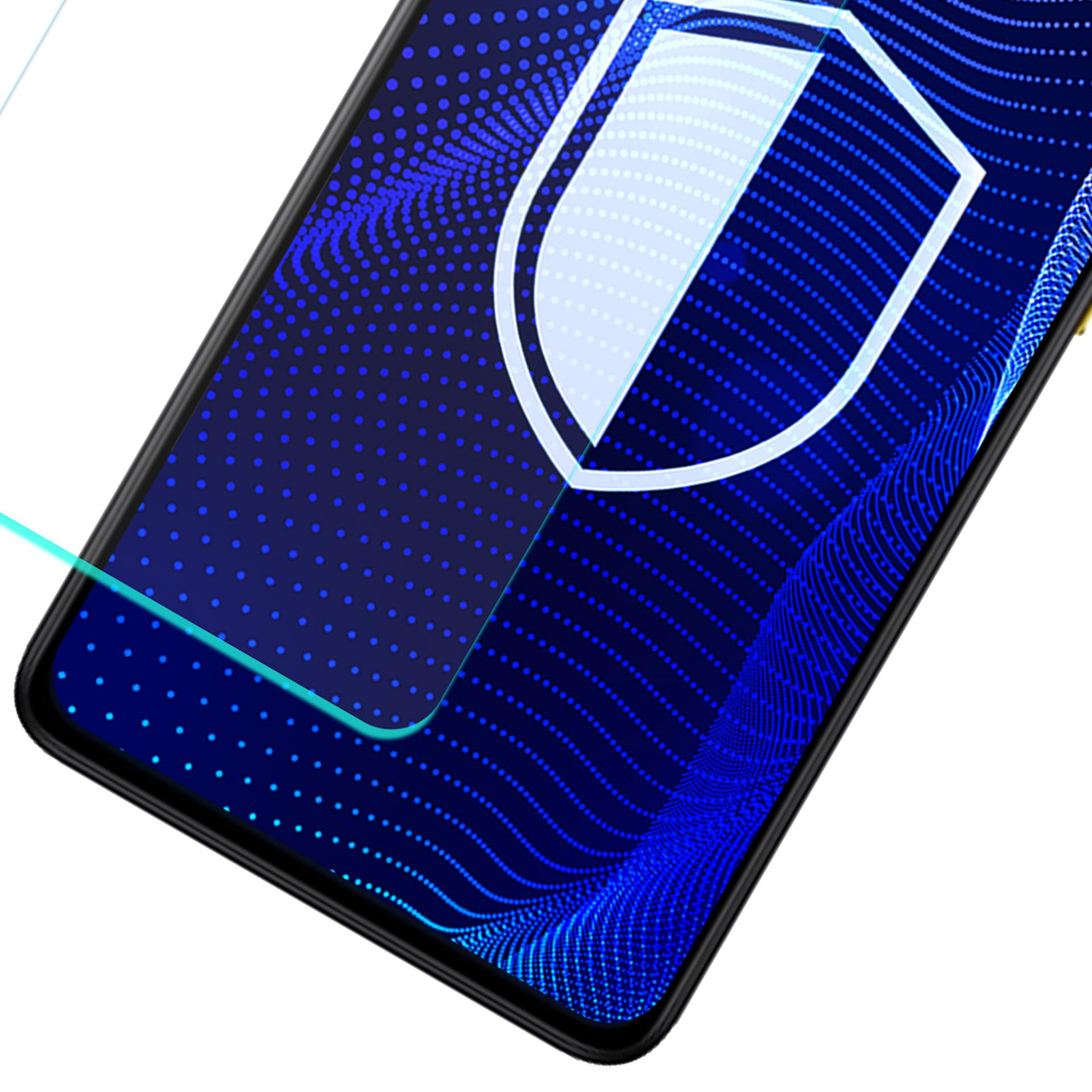 Una protezione per schermo per smartphone con un'icona a scudo, su un motivo a punti blu e una cornice nera. Sfondo bianco.