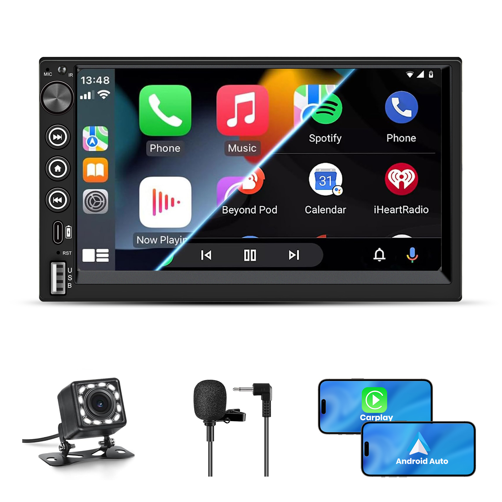 Radio samochodowe z aplikacjami telefonicznymi, kamerą cofania, mikrofonem i ekranami CarPlay i Android Auto.