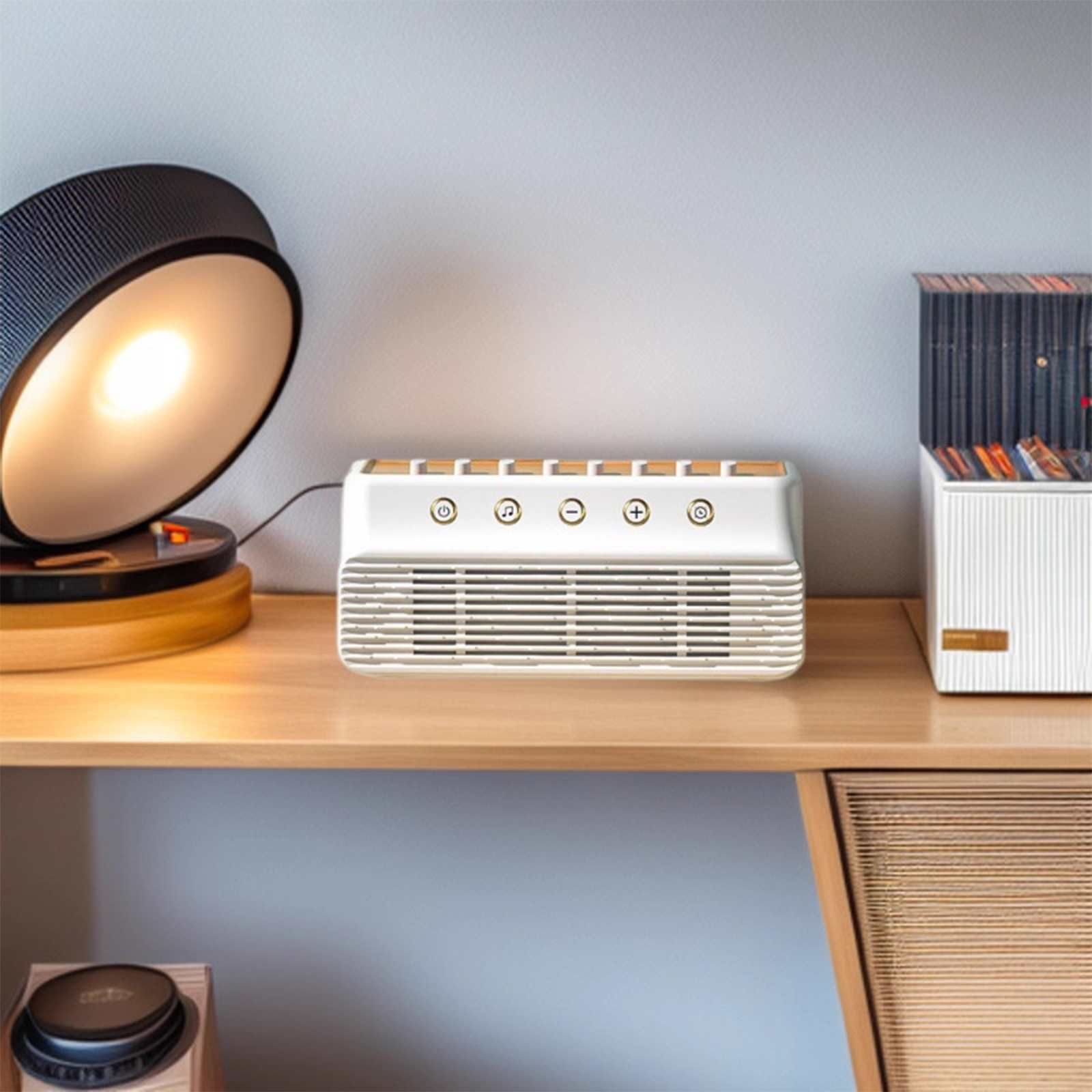 Ein weißer Luftreiniger auf einem Holzregal, ein Grammophon und eine Vinyl-Schallplattenbox stehen auf dem Regal.