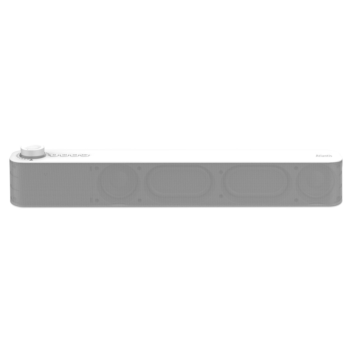 Eine weiße und graue Soundbar mit einem Lautstärkeregler und Tasten. Der Lautsprecher hat den Markennamen Atlantis.