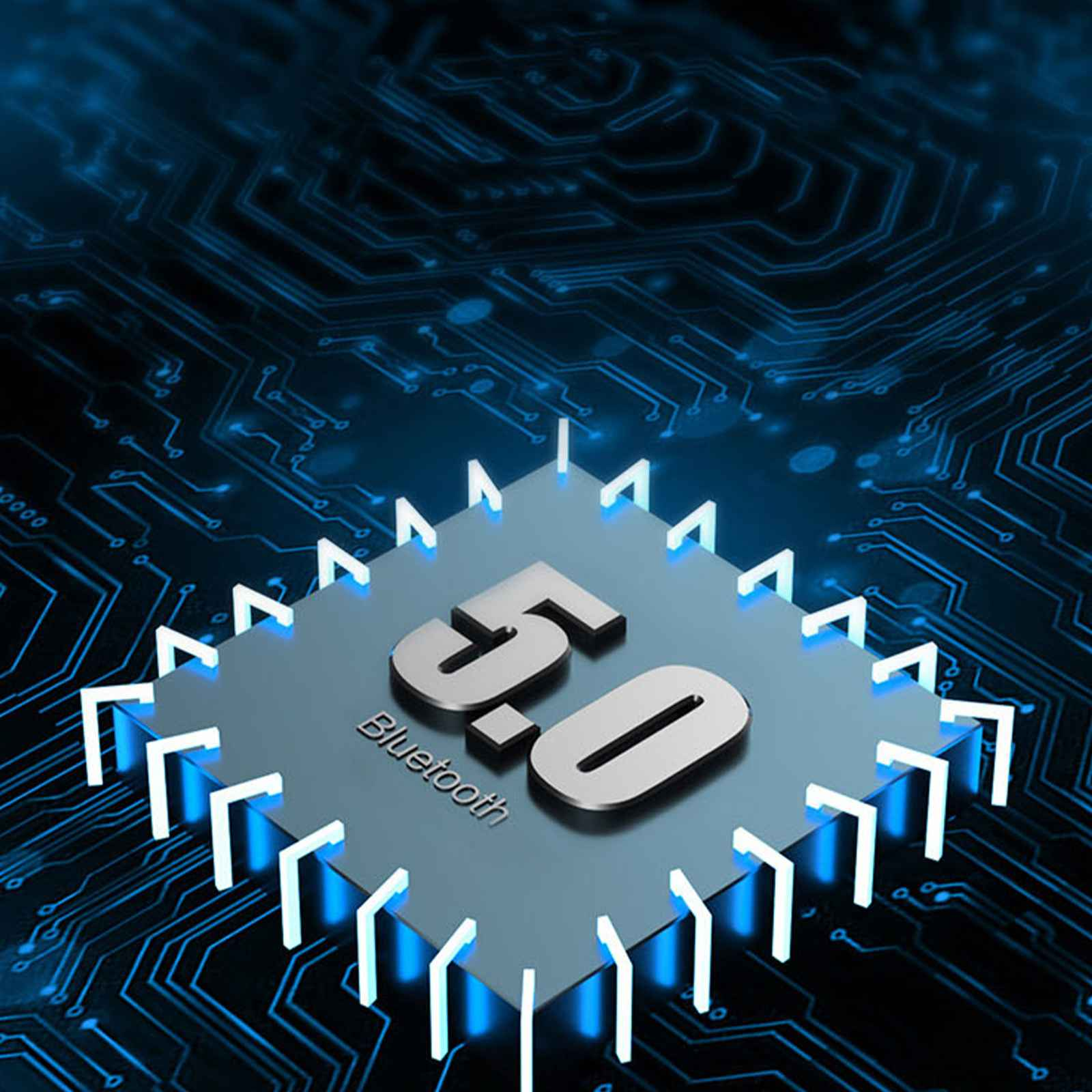 Das Bild zeigt eine blaue Leiterplatte mit einem Chip mit der Aufschrift Bluetooth 5.0. Weiße Pfeile umgeben den Chip.