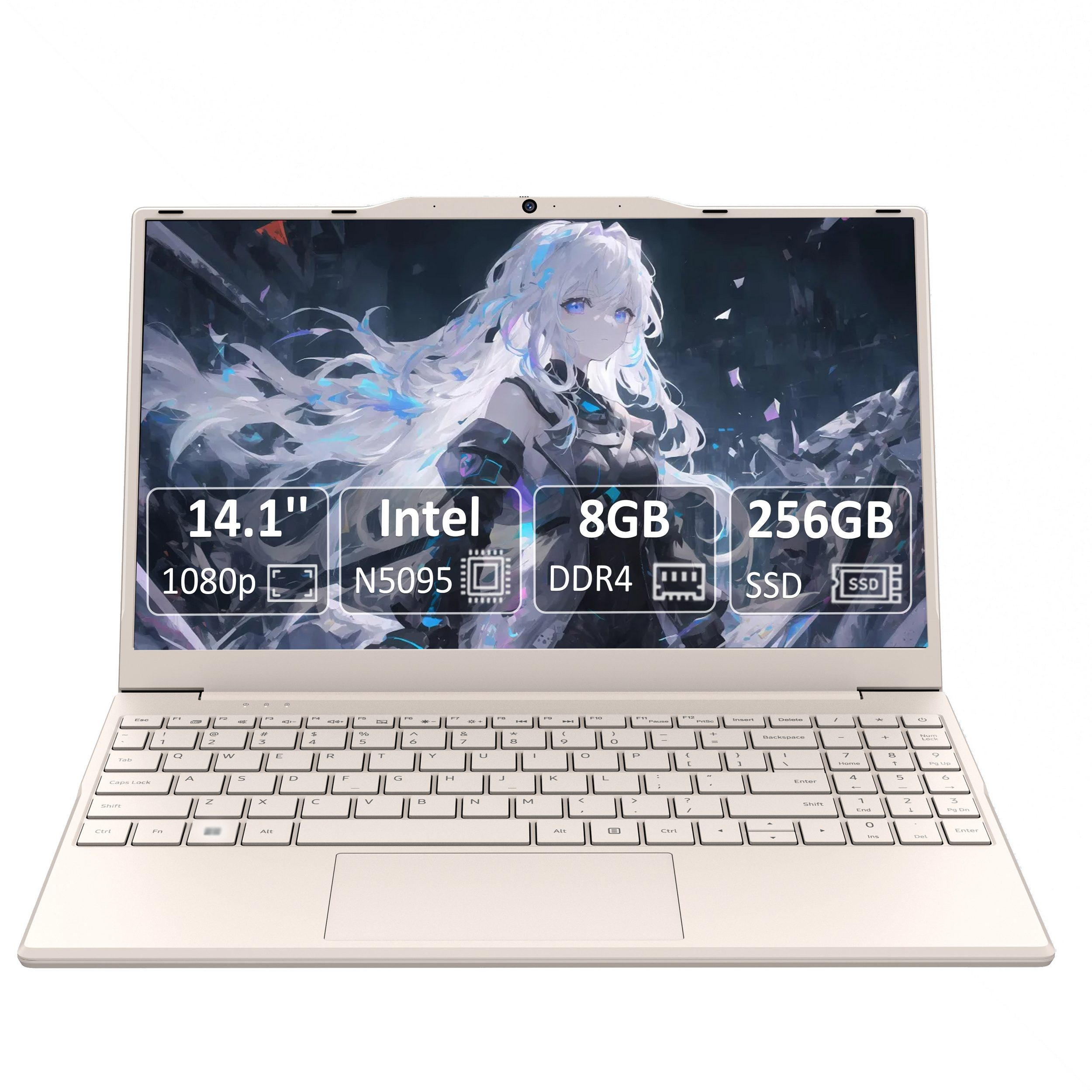 Laptop mit Anime-Bild auf dem Bildschirm, Spezifikationen umfassen Bildschirmgröße, Prozessor, RAM und Speicher.
