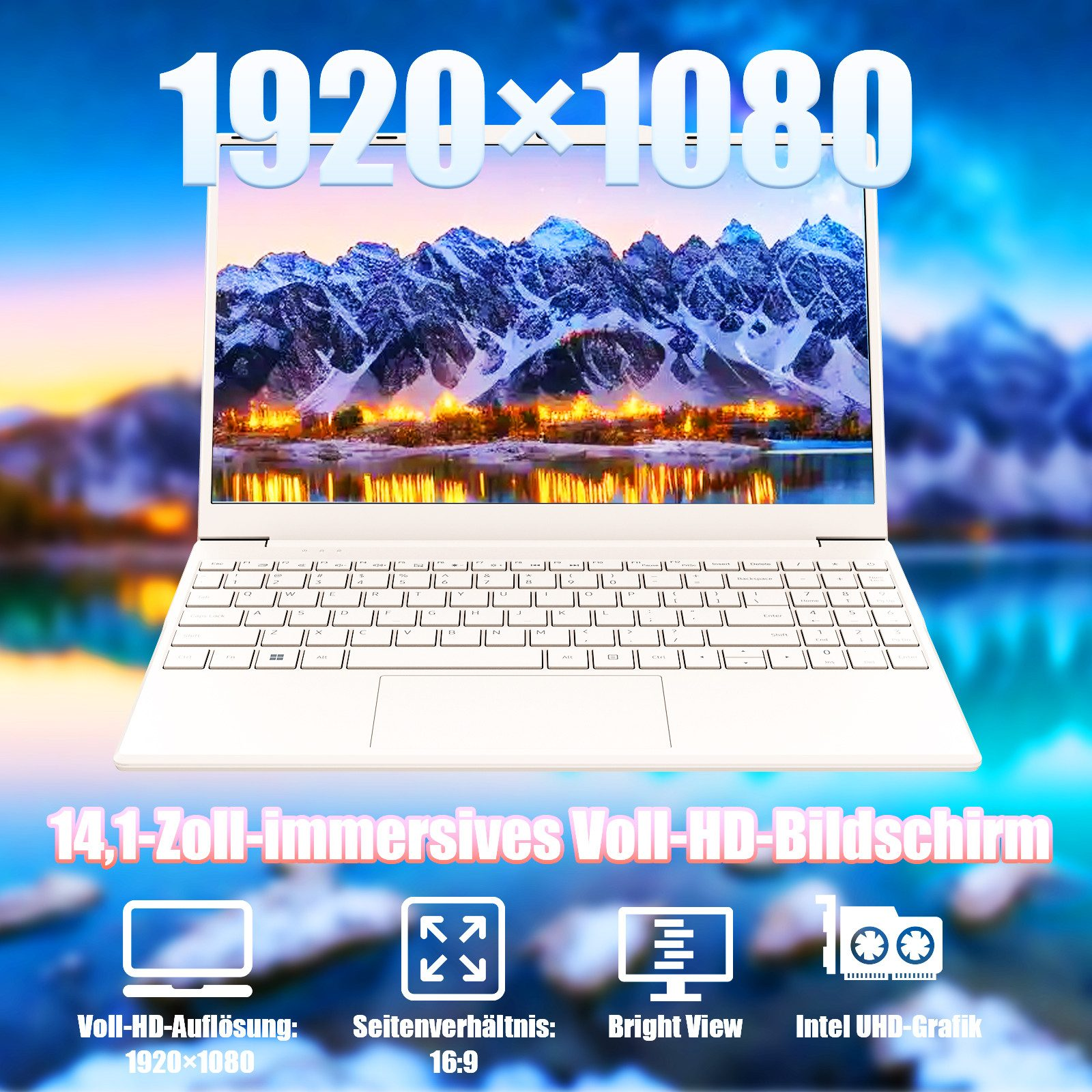 Ein weißer Laptop zeigt eine Berglandschaft mit Spezifikationen wie 1920x1080 Auflösung und Intel UHD-Grafik.
