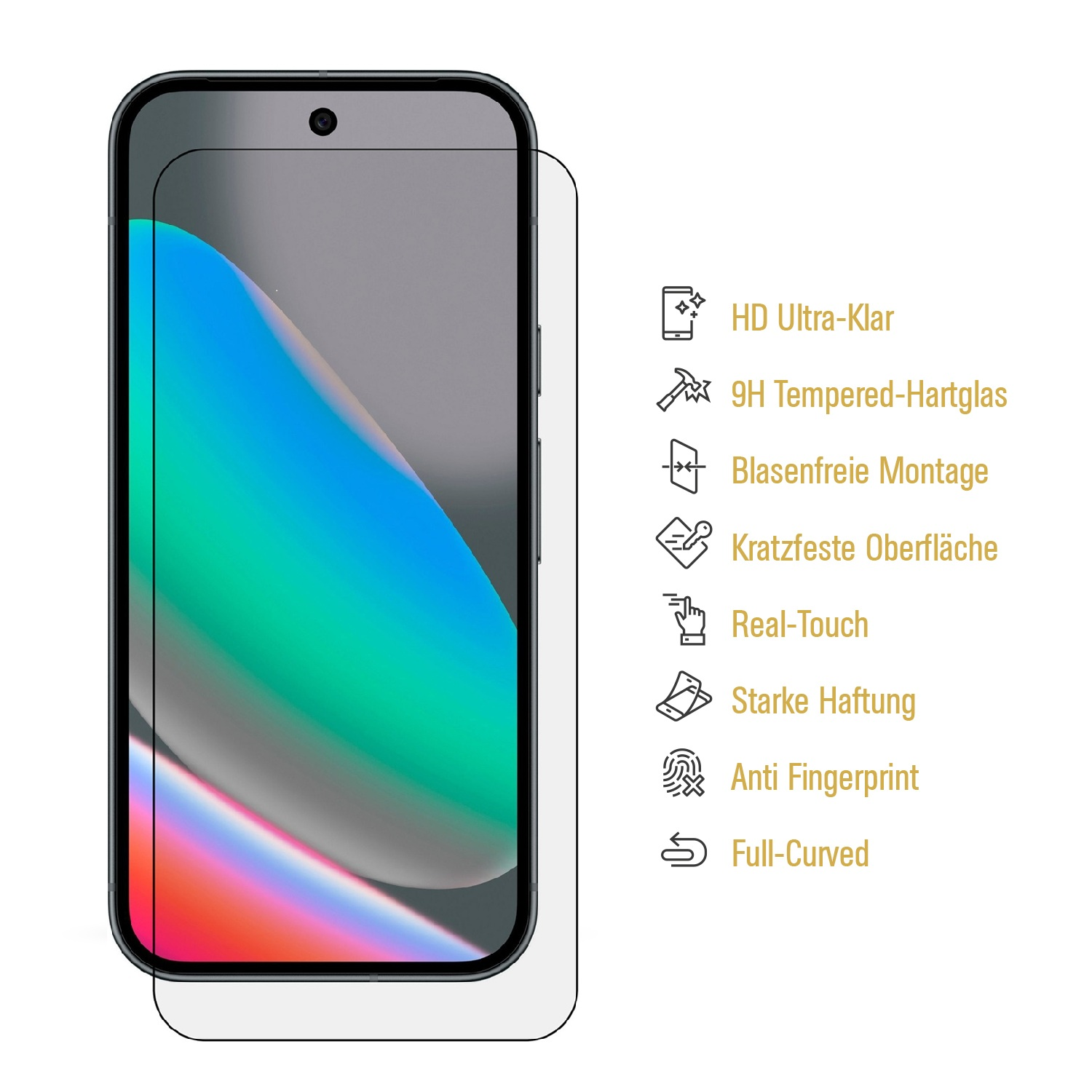 Ein Smartphone mit aufgebrachter Displayschutzfolie. Text rechts hebt Merkmale hervor: HD-Klarheit, Hartglas, blasenfrei, kratzfest usw.