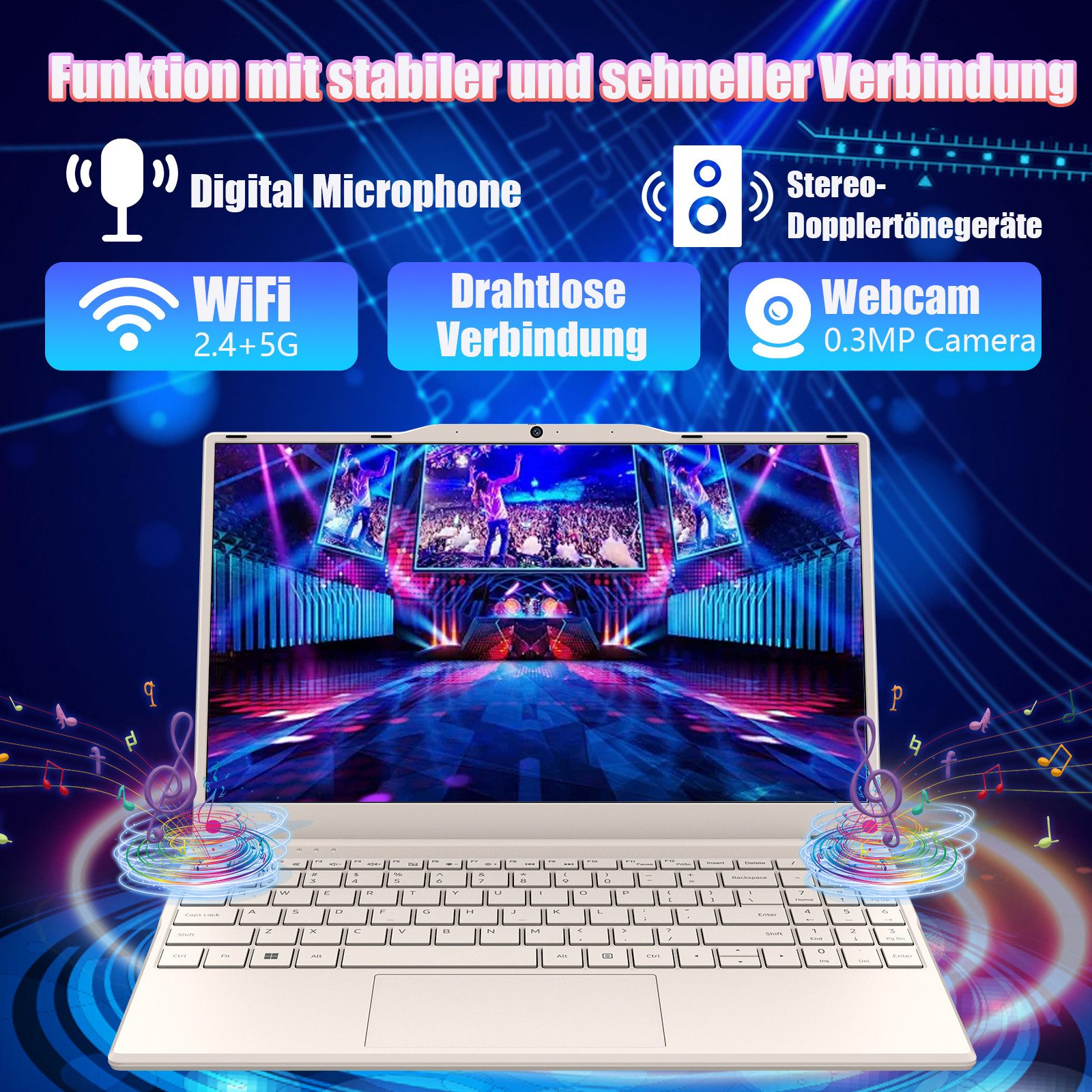 Laptop mit Funktionen wie WLAN, Webcam und Mikrofon. Musikalische Noten und Designelemente umgeben das Gerät.