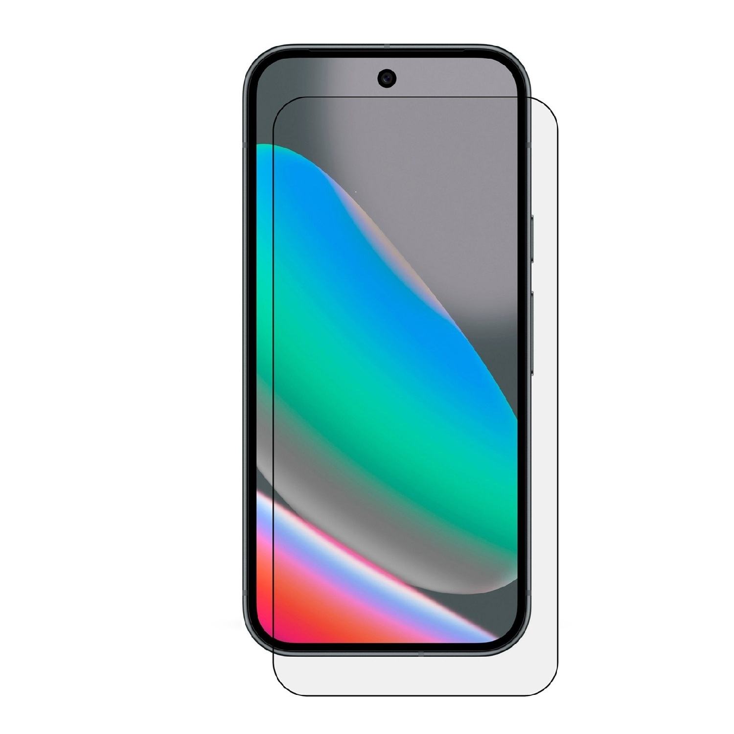 Ein Smartphone mit aufgebrachter Displayschutzfolie. Der Bildschirm zeigt einen bunten Farbverlauf. Das Telefon ist schwarz.