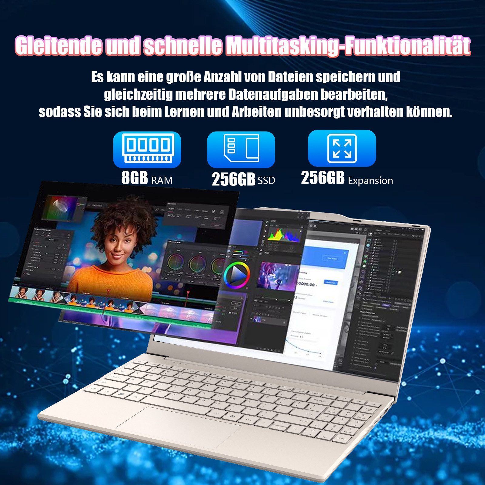 Laptop mit Frauenbild auf dem Bildschirm. Spezifikationen: 8 GB RAM, 256 GB SSD und Erweiterung. Blauer Hintergrund mit Text.