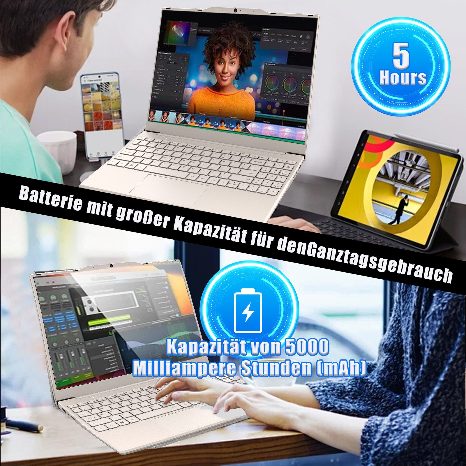 Ein Laptop, Telefon und Tablet werden angezeigt. Texte besagen, dass es einen Akku für den ganztägigen Gebrauch und 5000 mAh Kapazität hat.