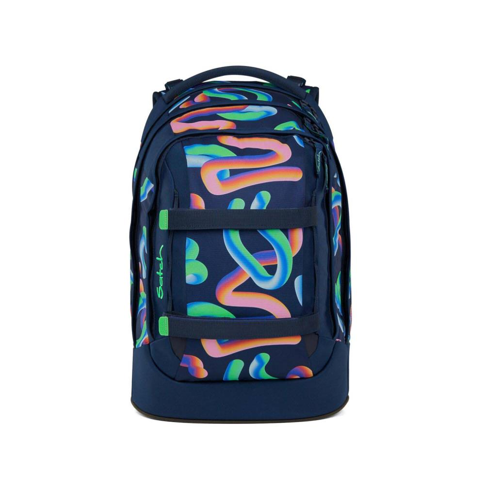 Ein marineblauer Rucksack mit einem bunten, abstrakten Design. Das Design zeigt geschwungene Linien in Blau-, Grün- und Orangetönen.
