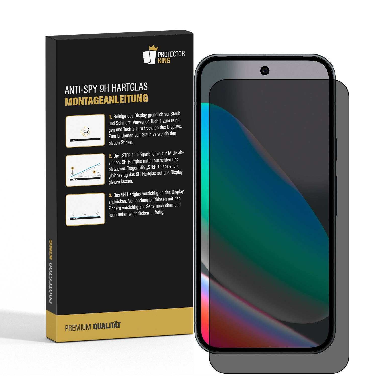 Ein Telefon mit Displayschutzfolie neben der Box mit Anweisungen.