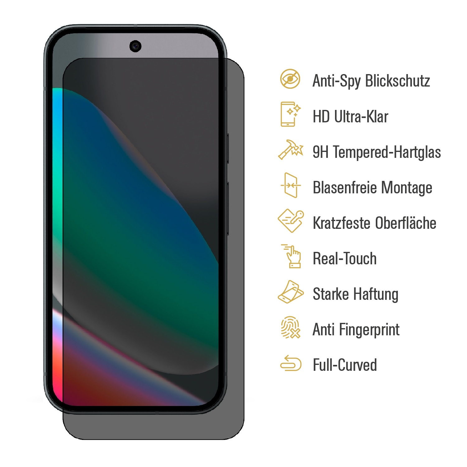 Ein Smartphone mit aufgebrachter Displayschutzfolie. Textetiketten an der Seite heben Funktionen wie Anti-Spy, HD-Klarheit und Kratzfestigkeit hervor.