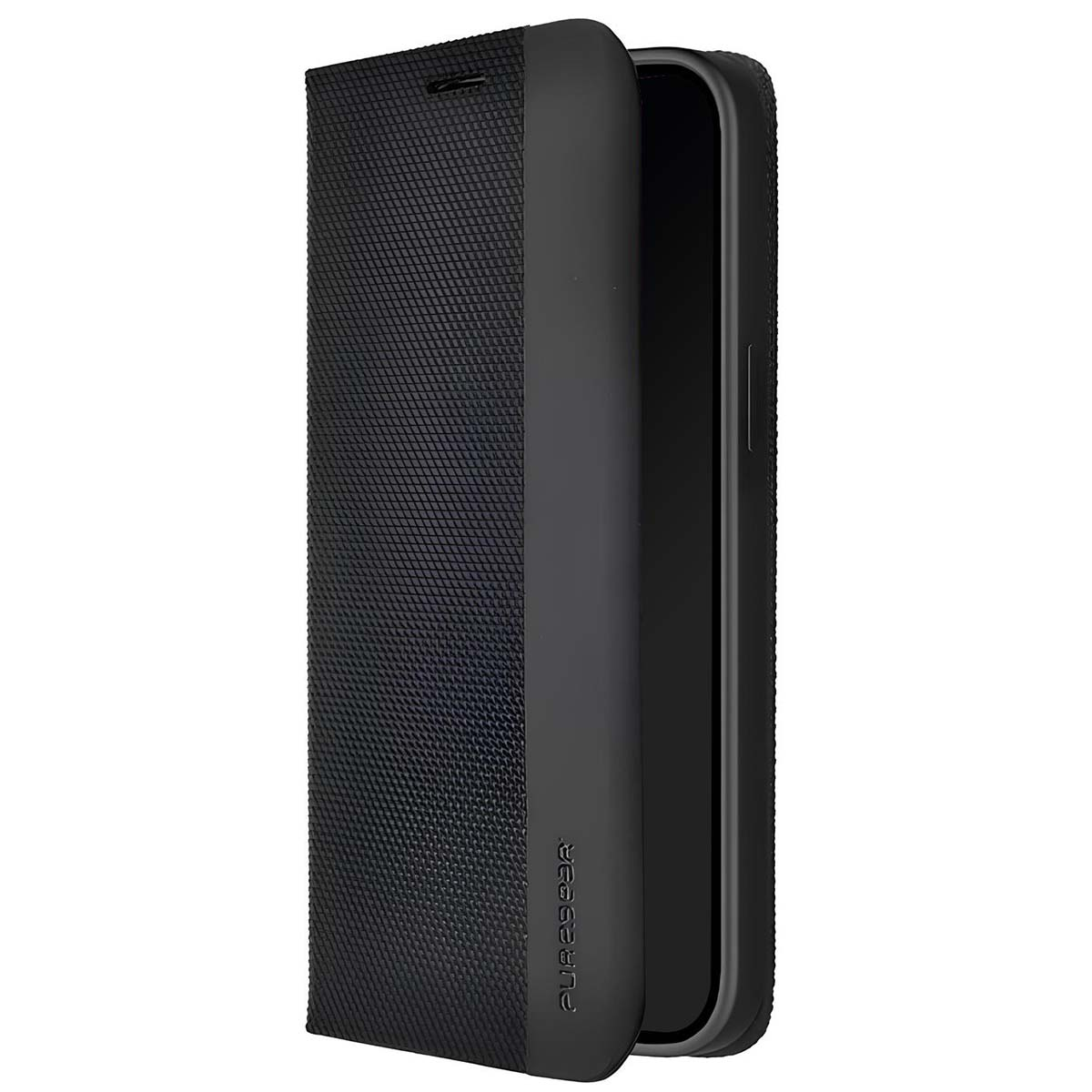 Una custodia nera per telefono con una copertura frontale strutturata è aperta. Il telefono è dentro. Il marchio 'PureGear' è sulla custodia.