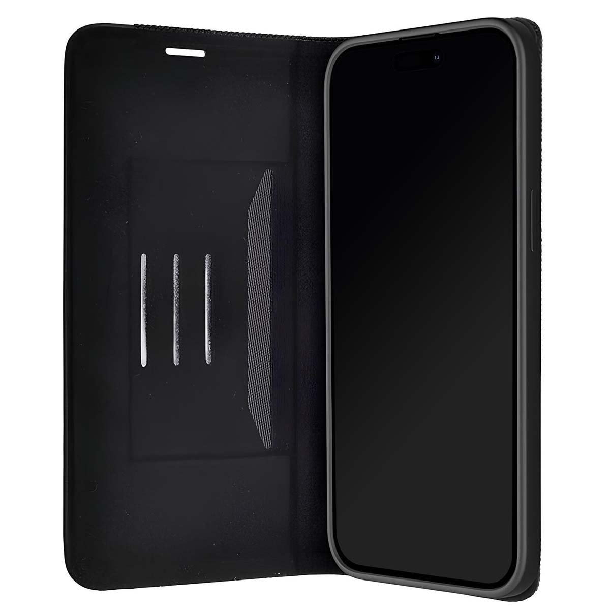 Custodia nera aperta, che mostra un telefono nero. La custodia ha linee verticali e un'area strutturata.