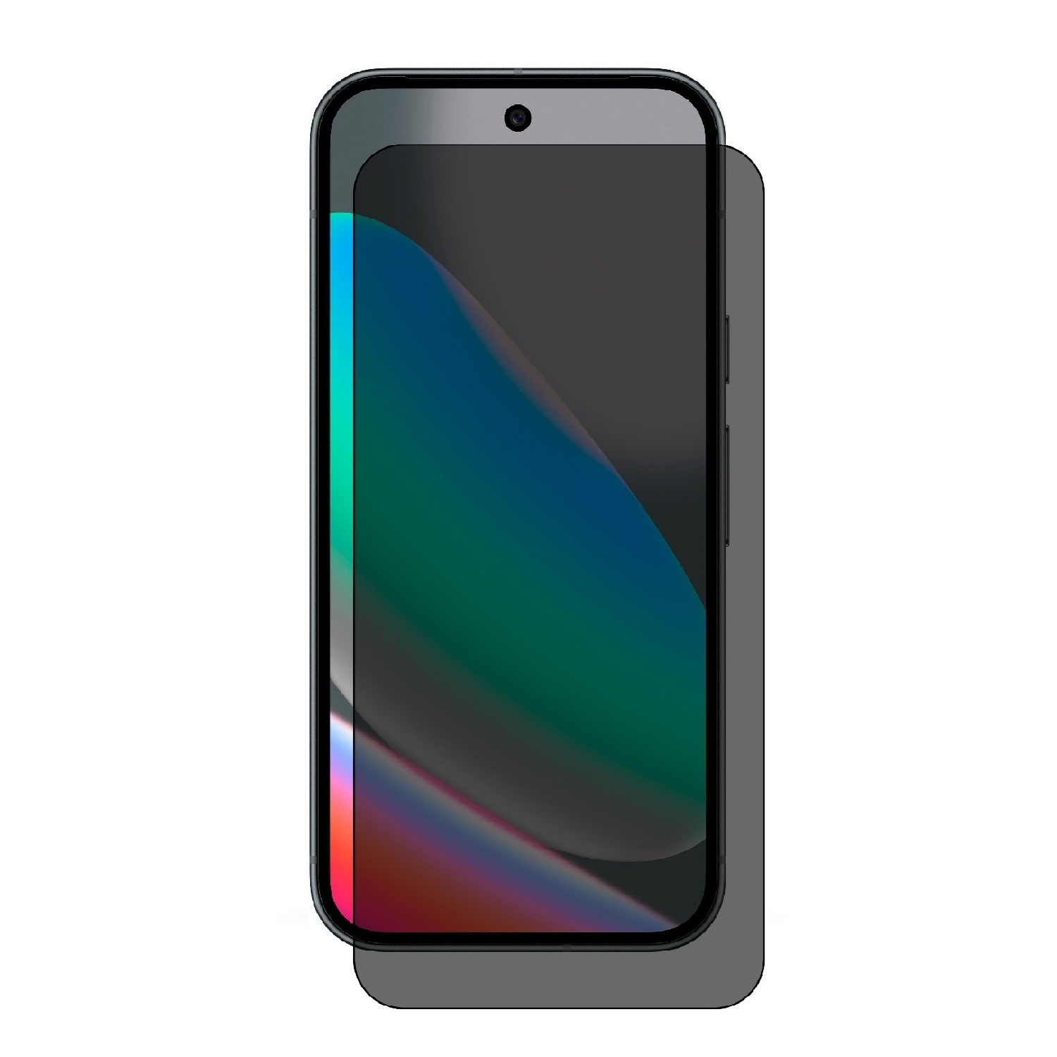 Ein Smartphone mit Displayschutzfolie. Der Bildschirm zeigt einen bunten Farbverlauf. Das Telefon ist dunkelgrau.