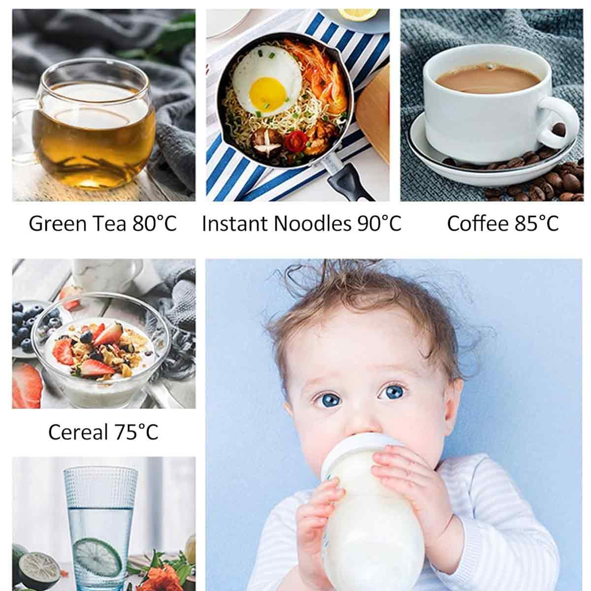 Das Bild zeigt grünen Tee, Instantnudeln, Kaffee, Müsli und ein Baby, das aus einer Flasche trinkt.
