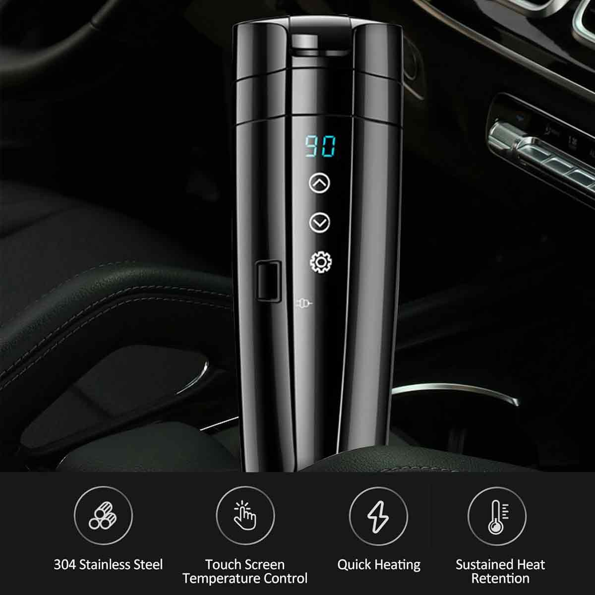 Ein schwarzes Thermos zeigt 90 Grad an. Symbole unten zeigen Edelstahl, Touch-Steuerung, schnelles Heizen und Wärmespeicherung. Es ist in einem Auto.