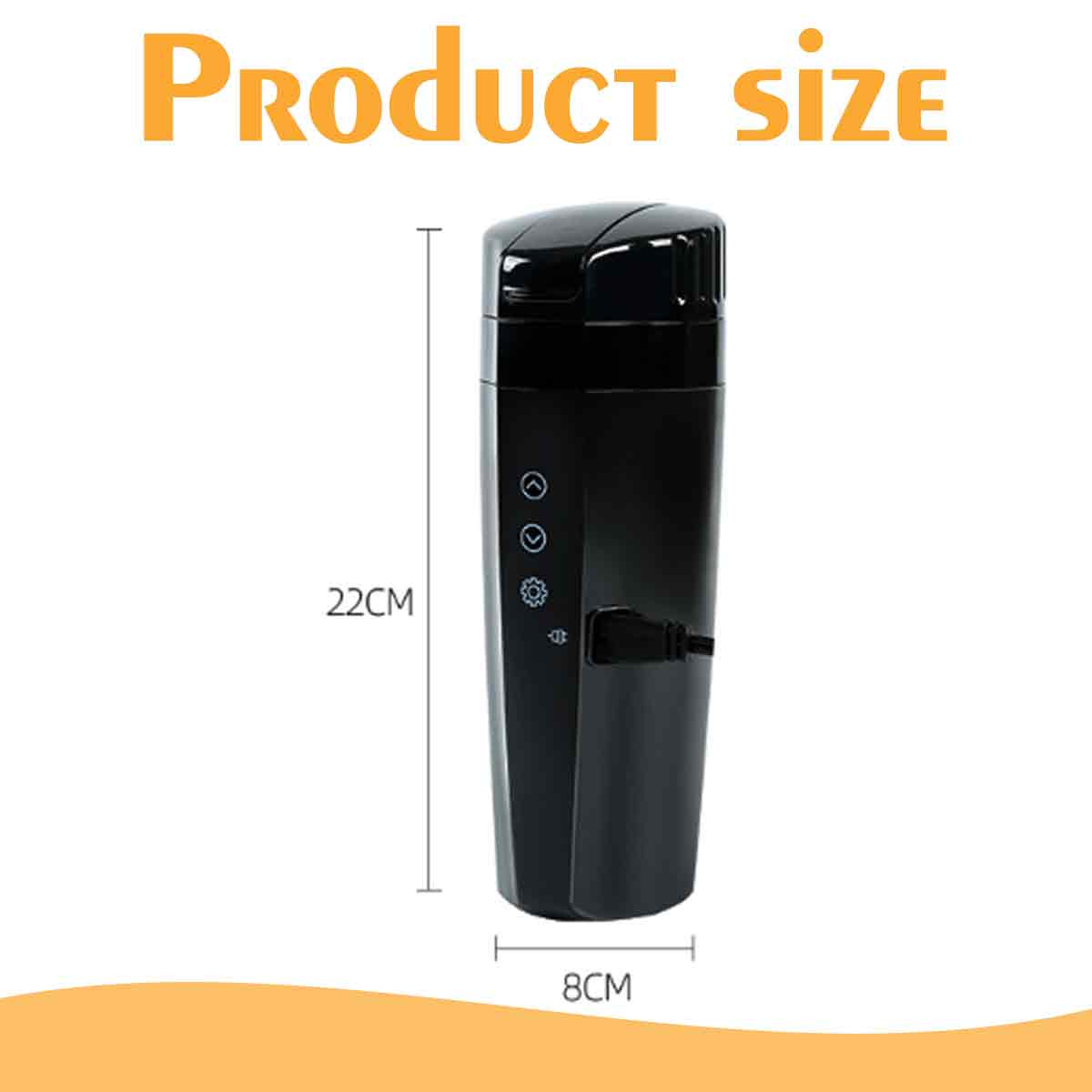 Ein schwarzes Produkt mit Größenangaben. Es ist 22 cm hoch und 8 cm breit. Text: Produktgröße.