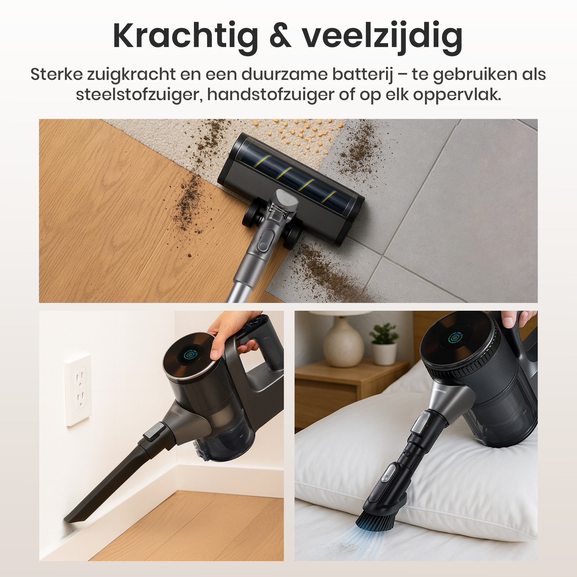 Un aspirateur utilisé sur différentes surfaces. Il est noir et gris. L'image montre l'aspirateur en cours d'utilisation.