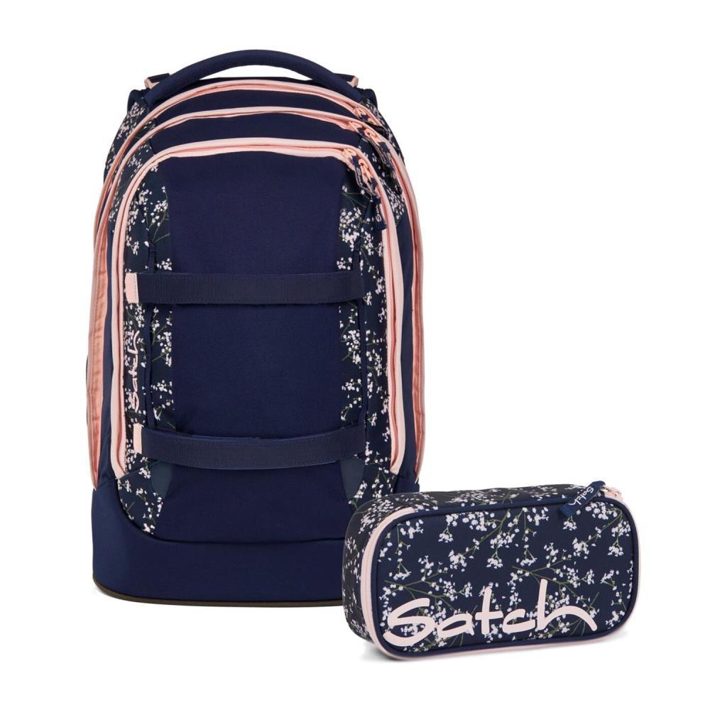 Marineblauer Rucksack und Federmäppchen-Set mit Blumenmuster und rosa Akzenten. Der Rucksack hat Träger und einen Griff.