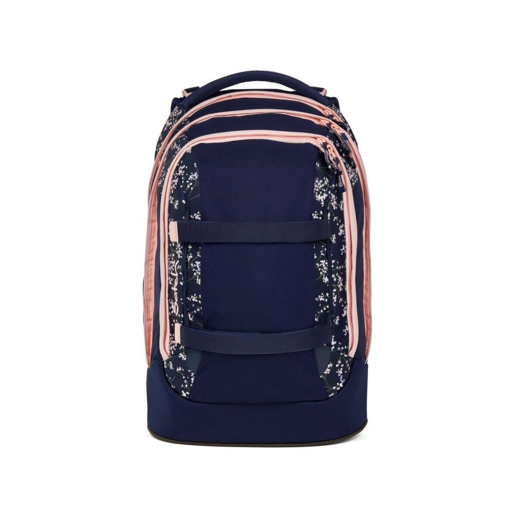 Ein marineblauer Rucksack mit rosa Akzenten und floralen Mustern. Er hat mehrere Fächer und Riemen.