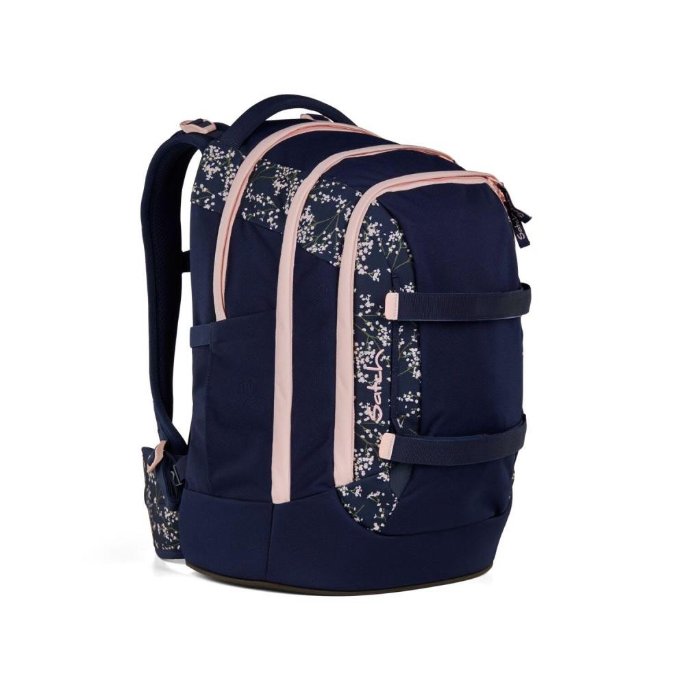 Ein marineblauer Rucksack mit rosa Akzenten und floralen Musterdetails. Er hat Träger, einen Griff und mehrere Fächer.