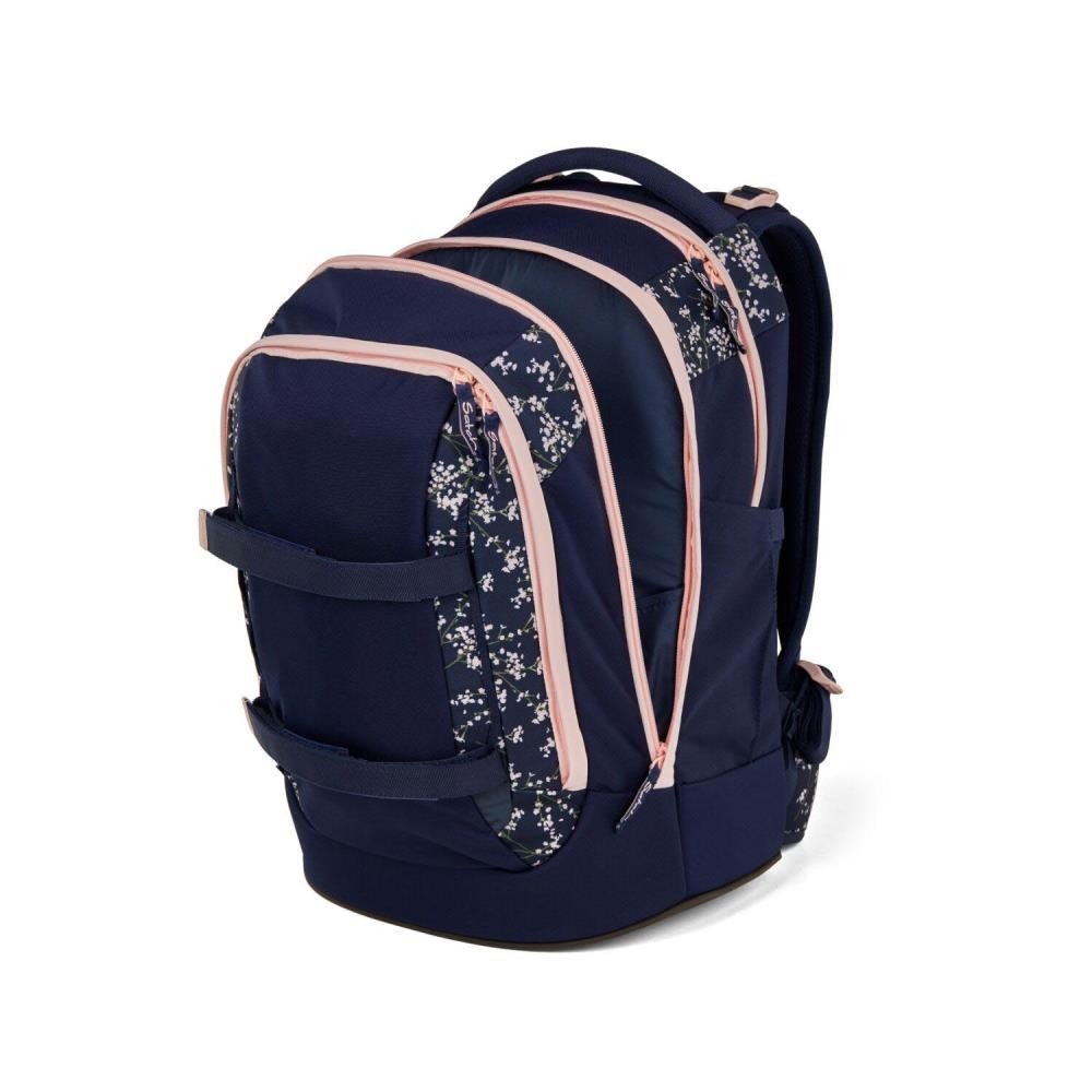 Ein marineblauer Rucksack mit rosa Reißverschlüssen und floralen Akzenten. Mit mehreren Fächern und verstellbaren Trägern.
