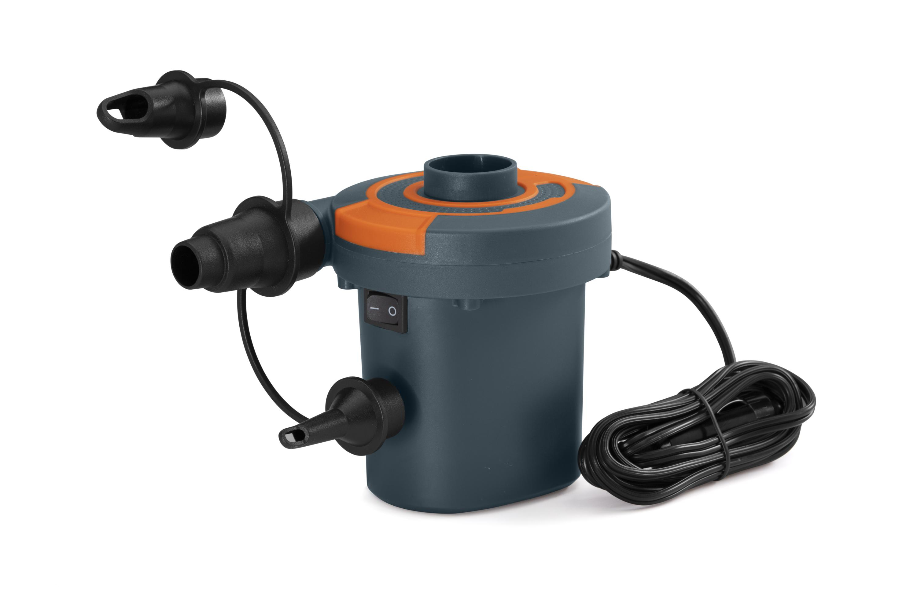 Una pompa ad aria elettrica, grigio scuro con accenti arancioni, ugelli e cavo di alimentazione neri, su sfondo bianco.