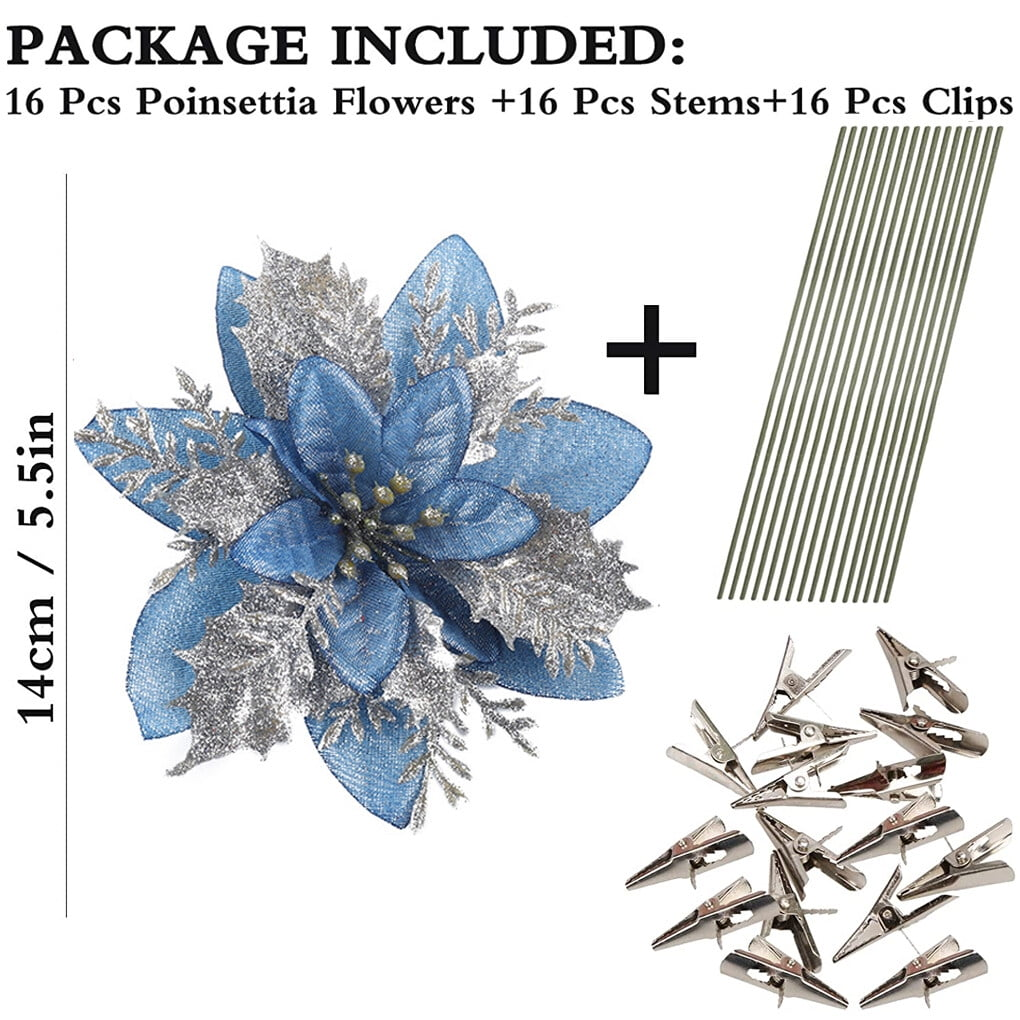 Das Bild zeigt eine blaue Poinsettia-Blume, Stiele und Clips. Text zeigt, dass das Paket 16 von jedem Artikel enthält.