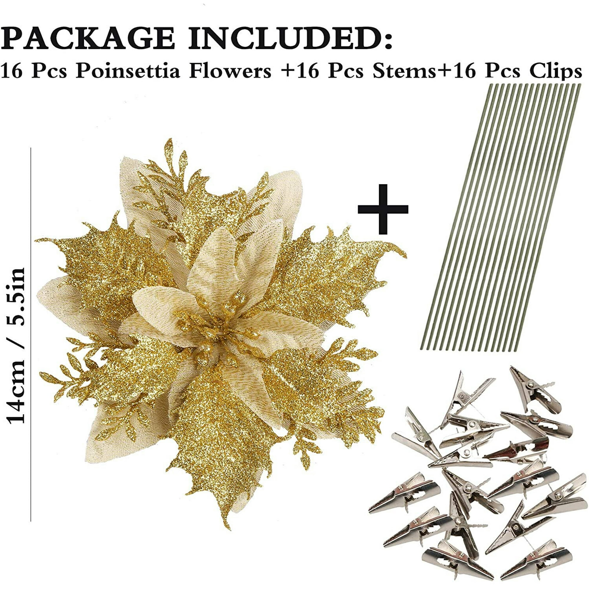 Das Bild zeigt goldene Poinsettia-Blumen, Stiele und Clips. Text zeigt, dass das Paket 16 von jedem Artikel enthält.
