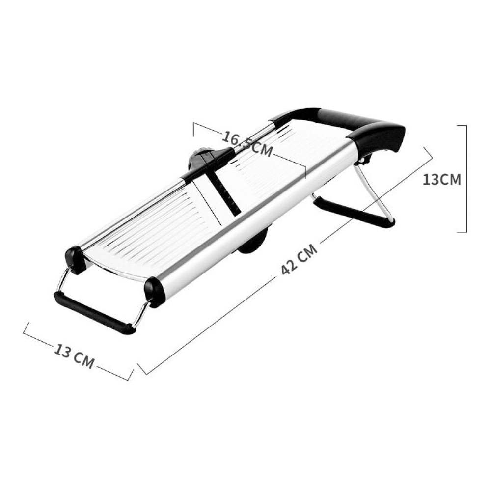Eine silberne Mandoline mit schwarzen Akzenten vor weißem Hintergrund. Abmessungen sind beschriftet: 42 cm, 13 cm und 16,5 cm.