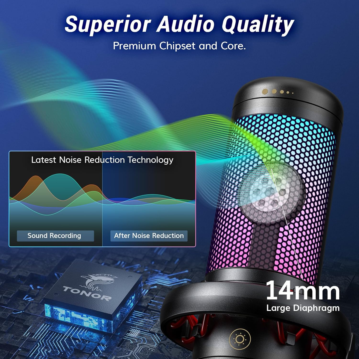 Mikrofon z kolorowym wzorem i tekstem: Superior Audio Quality, 14mm Large Diaphragm, oraz chip z logo TONOR.