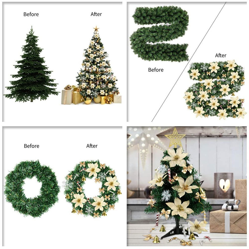 Ein Vorher-Nachher-Weihnachtsthema. Enthält einen Baum, Girlande und Kranz. Die 'Nachher'-Versionen sind mit Blumen geschmückt.