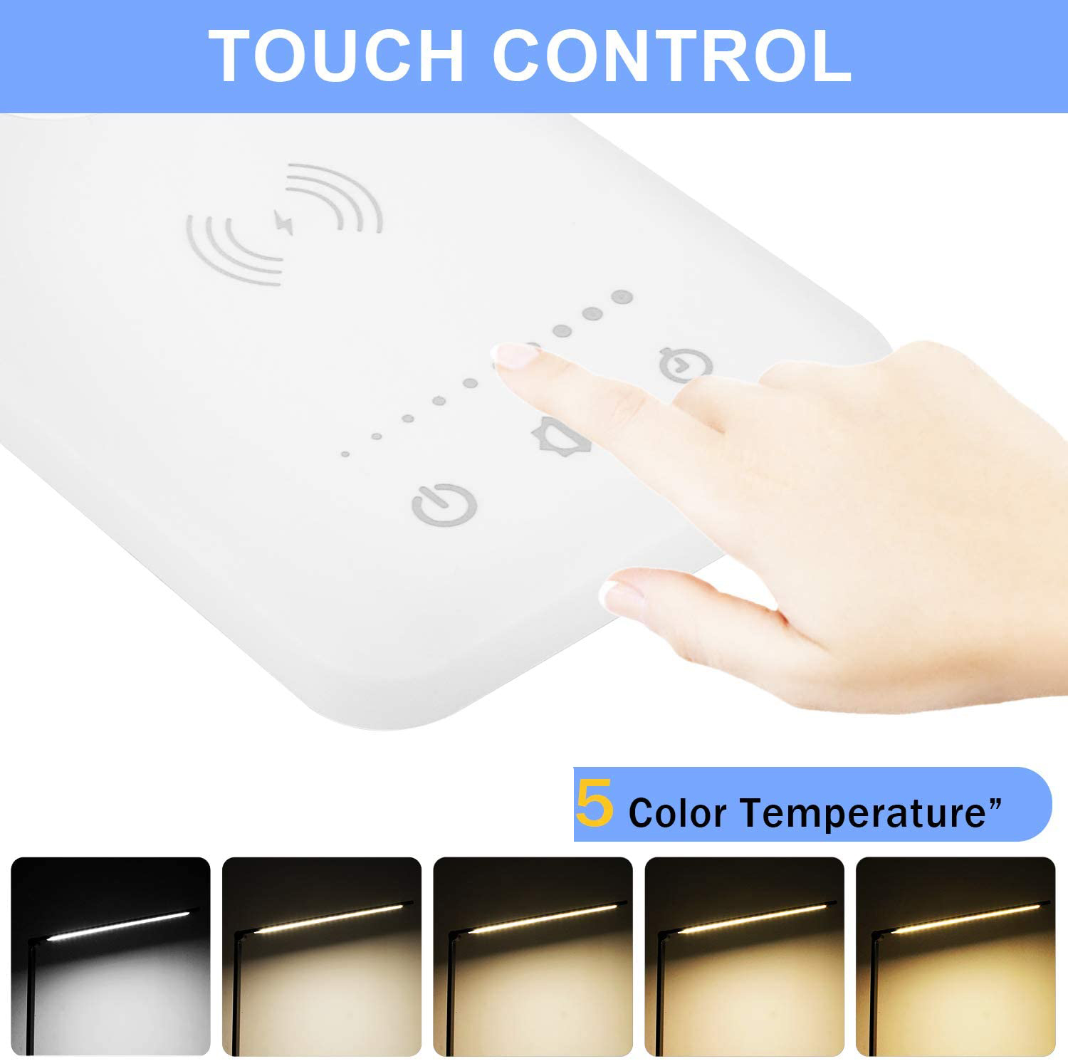 Eine Hand berührt ein weißes Bedienfeld mit der Aufschrift 'Touch Control'. Unten zeigen fünf Lampen verschiedene Farbtemperaturen.