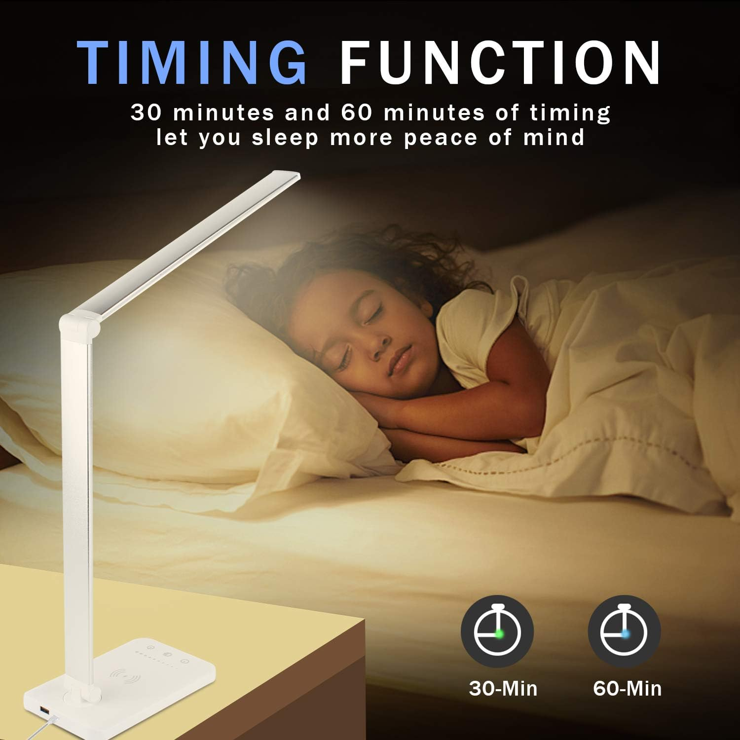 Eine weiße Lampe beleuchtet ein schlafendes Kind auf einem Bett. Text: 'Timing Function'. Zwei Timer-Symbole: 30-Min und 60-Min.