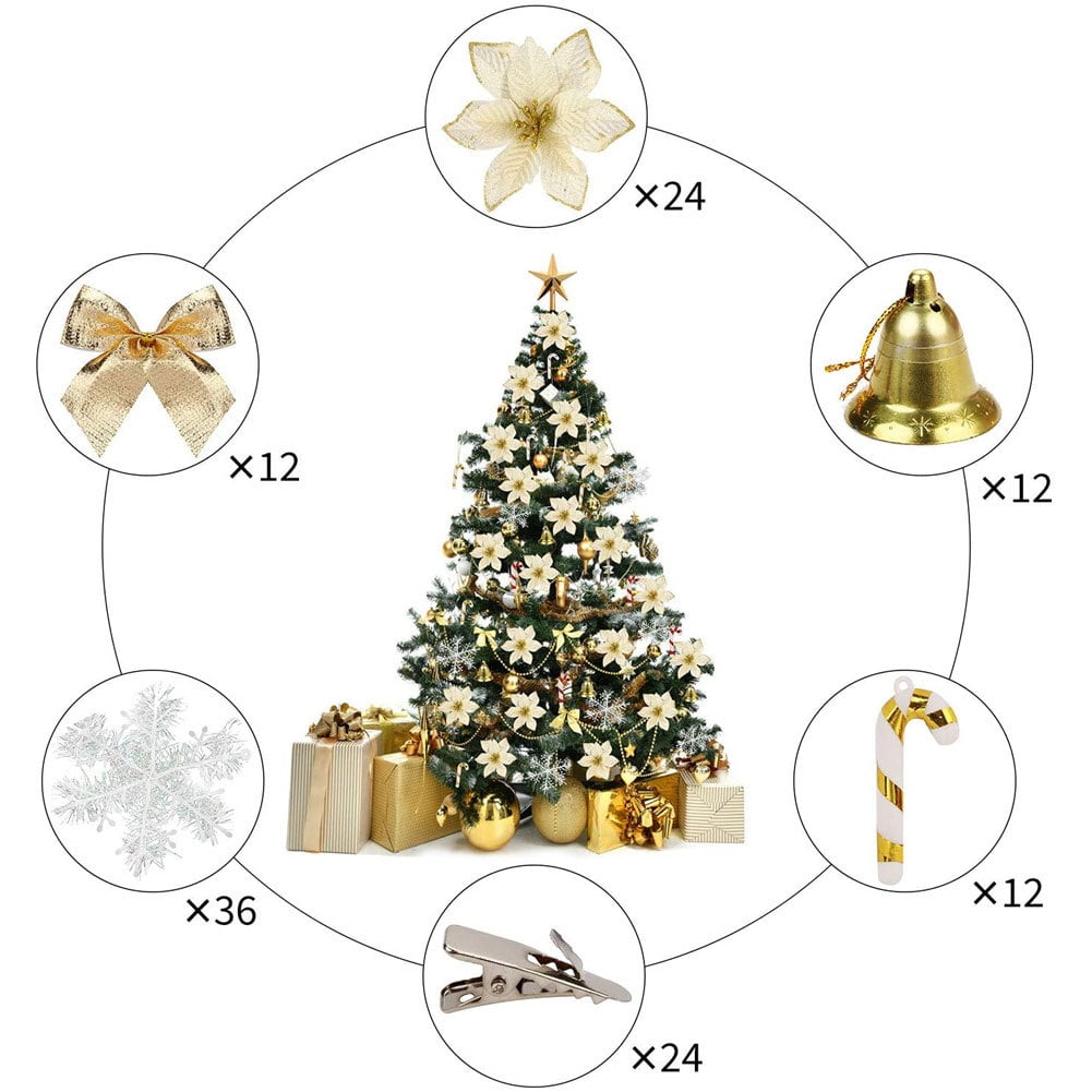 Weihnachtsbaum, umgeben von Ornamenten: Schleifen, Schneeflocken, Glocken, Zuckerstangen, Blumen, Clips und Geschenken. Alles in Gold und Weiß.