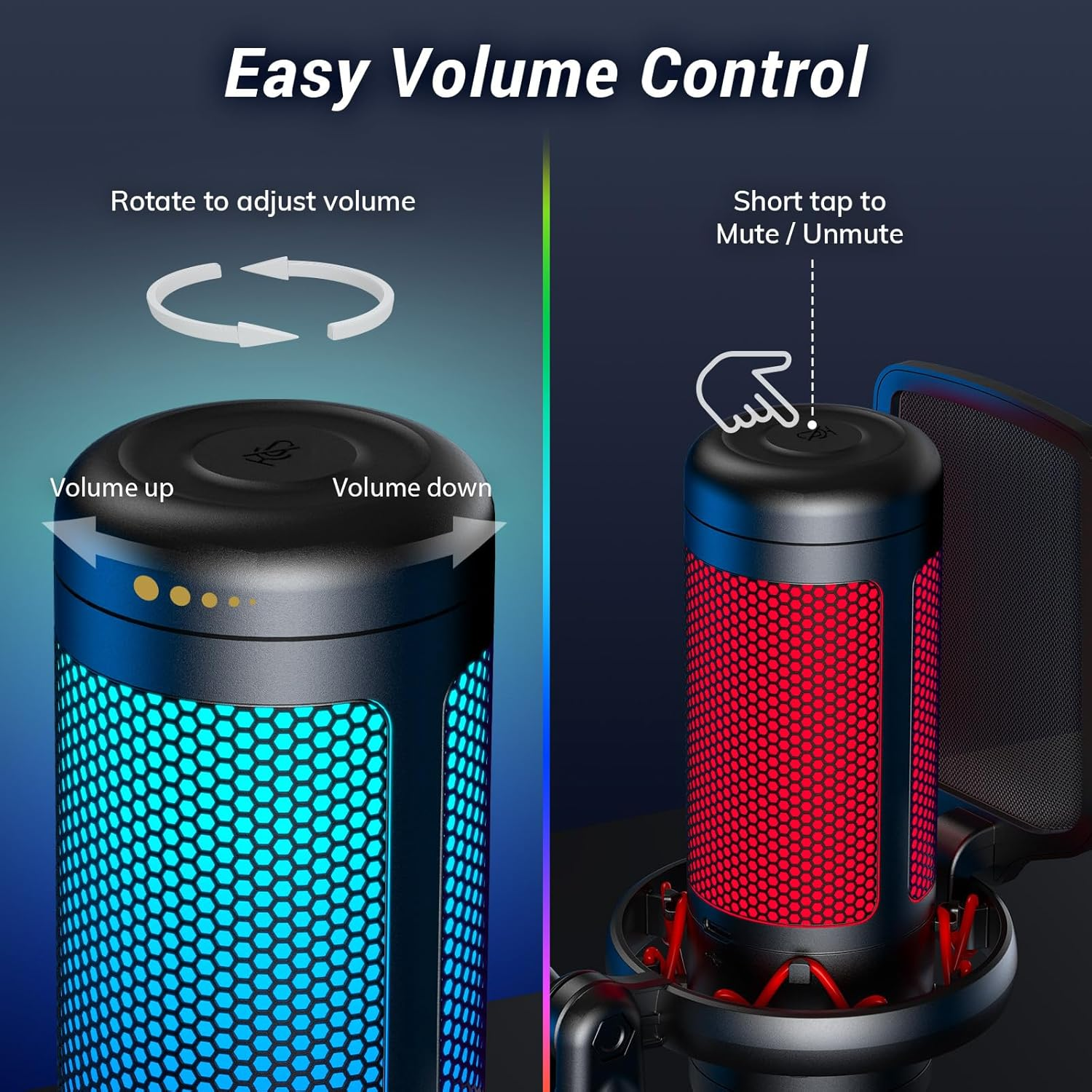 Obraz przedstawia mikrofon z instrukcjami regulacji głośności: obróć, aby wyregulować, dotknij, aby wyciszyć/włączyć dźwięk. Niebieskie i czerwone światła oświetlają wnętrze.