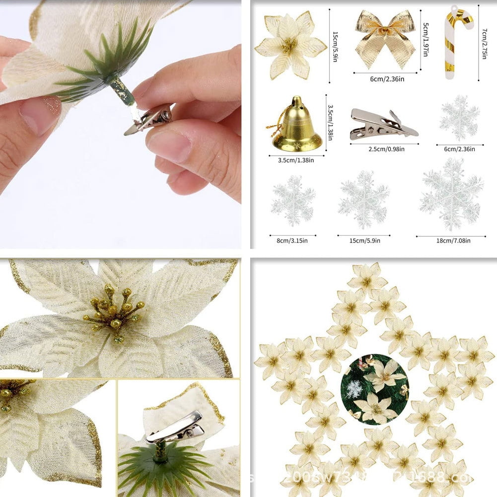 Das Bild zeigt Weihnachtsdekorationen: Blumen, Schleife, Zuckerstange, Glocke, Schneeflocken und Clips sowie Nahaufnahmen einer Blume.