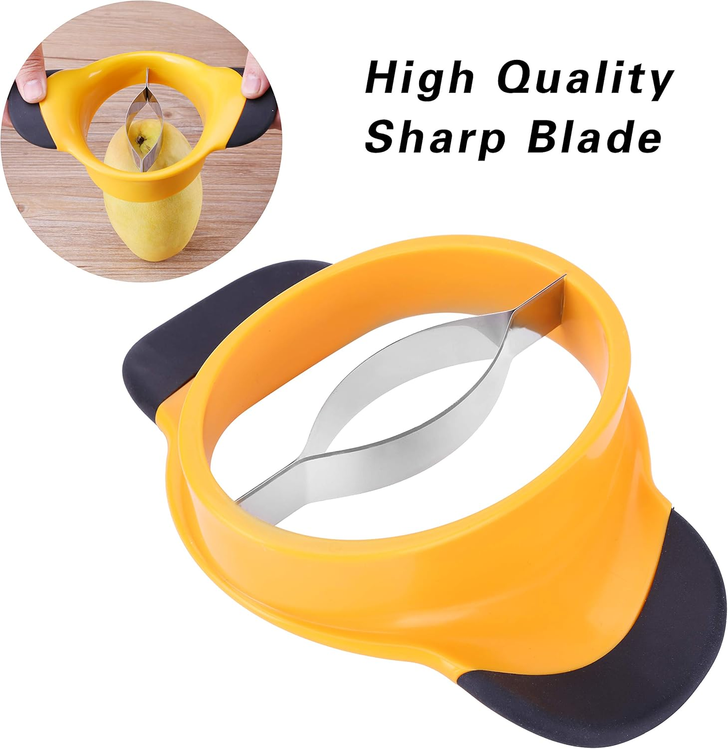 Gelber und schwarzer Apfelschneider mit silberner Klinge. Ein Apfel wird geschnitten. Text lautet: "High Quality Sharp Blade".